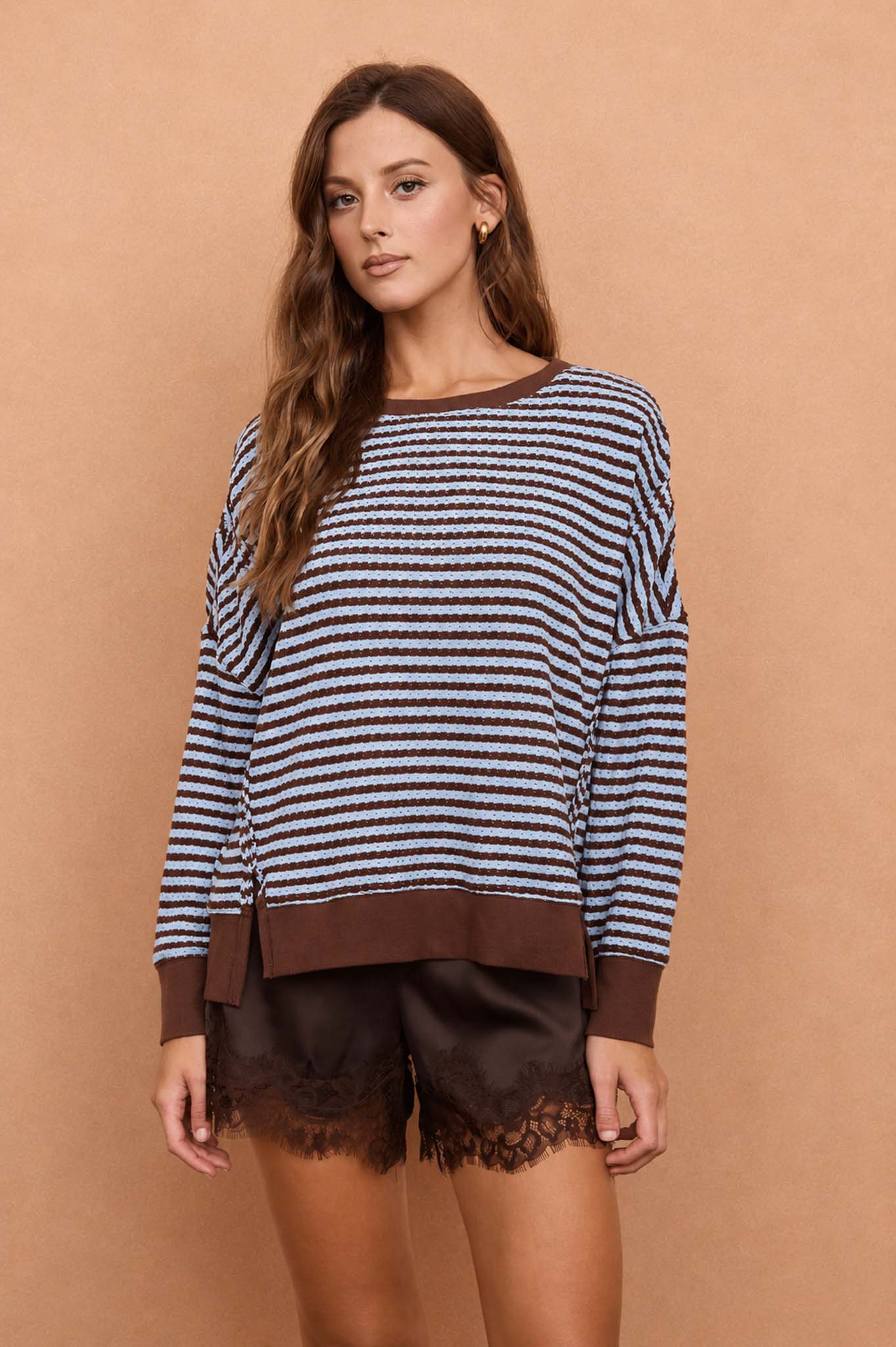 STRIPE EXPOSED SEAM SPLIT HEM LONG SLEEVE KNIT TOP (PRE-ORDER)