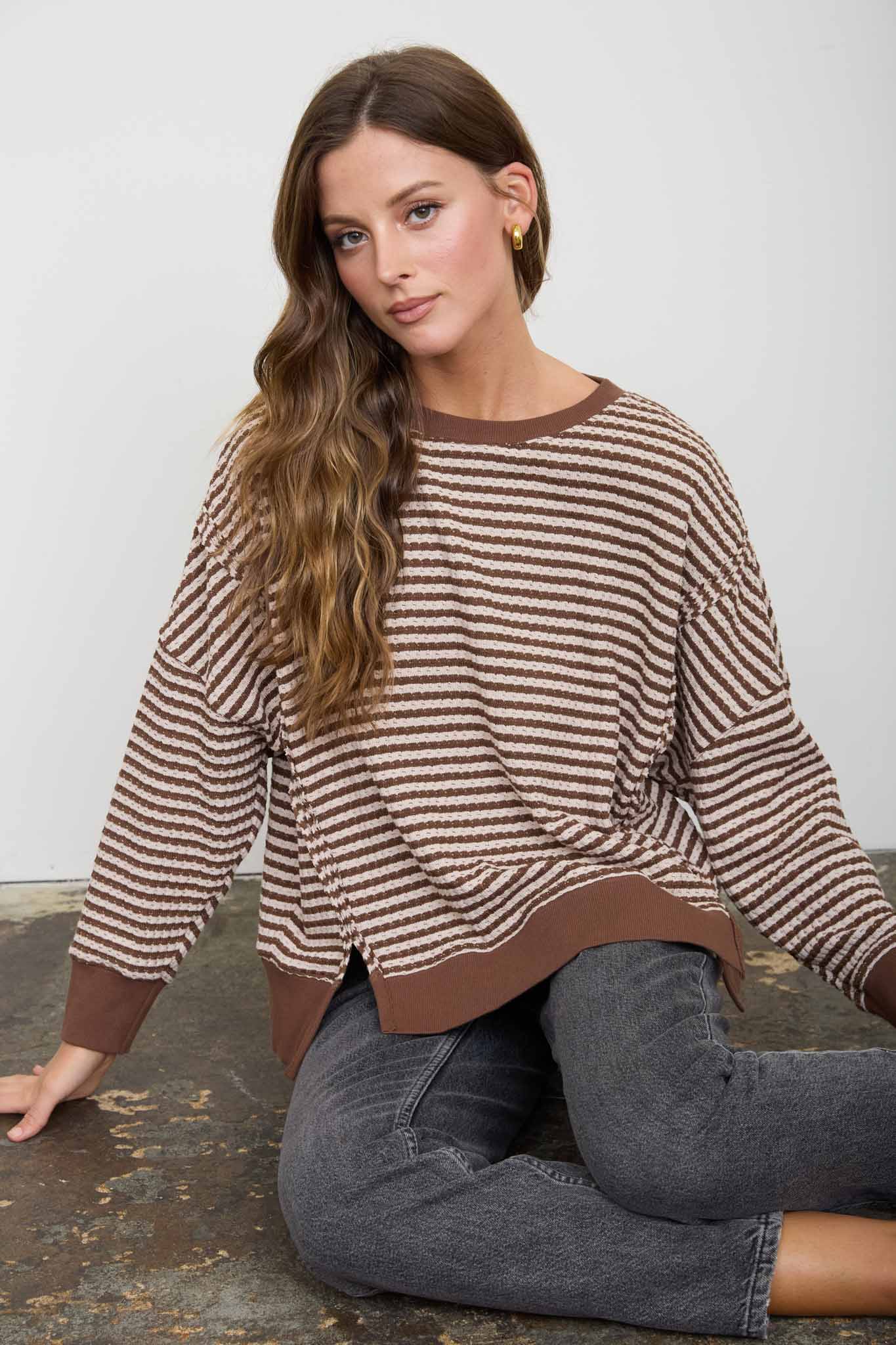 STRIPE EXPOSED SEAM SPLIT HEM LONG SLEEVE KNIT TOP (PRE-ORDER)