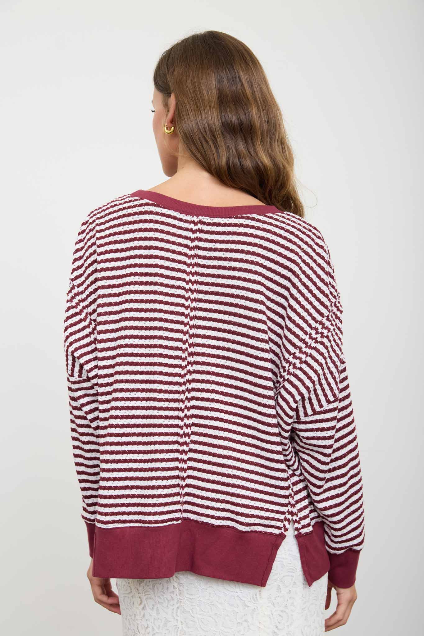 STRIPE EXPOSED SEAM SPLIT HEM LONG SLEEVE KNIT TOP (PRE-ORDER)