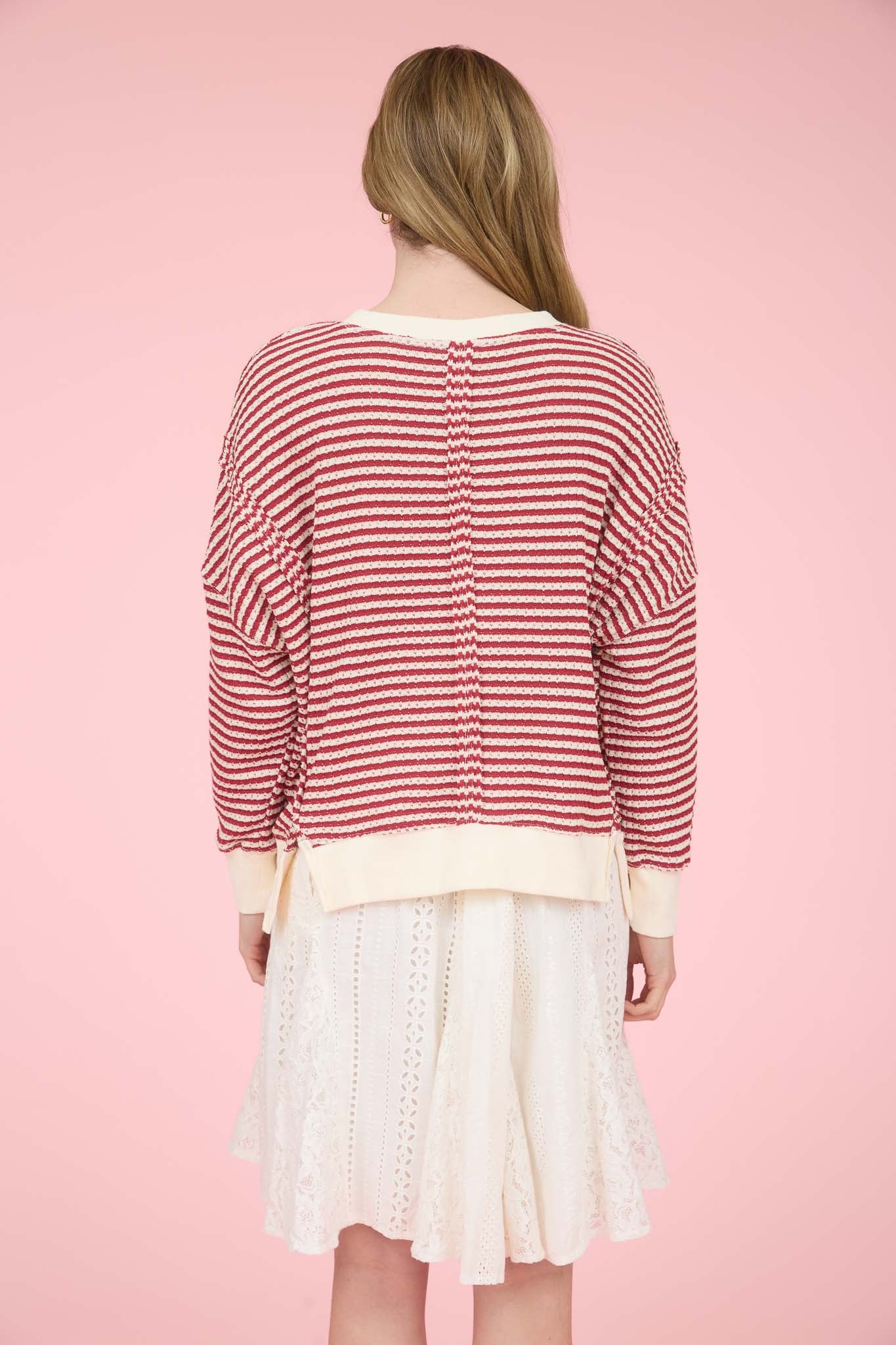 STRIPE EXPOSED SEAM SPLIT HEM LONG SLEEVE KNIT TOP (PRE-ORDER)