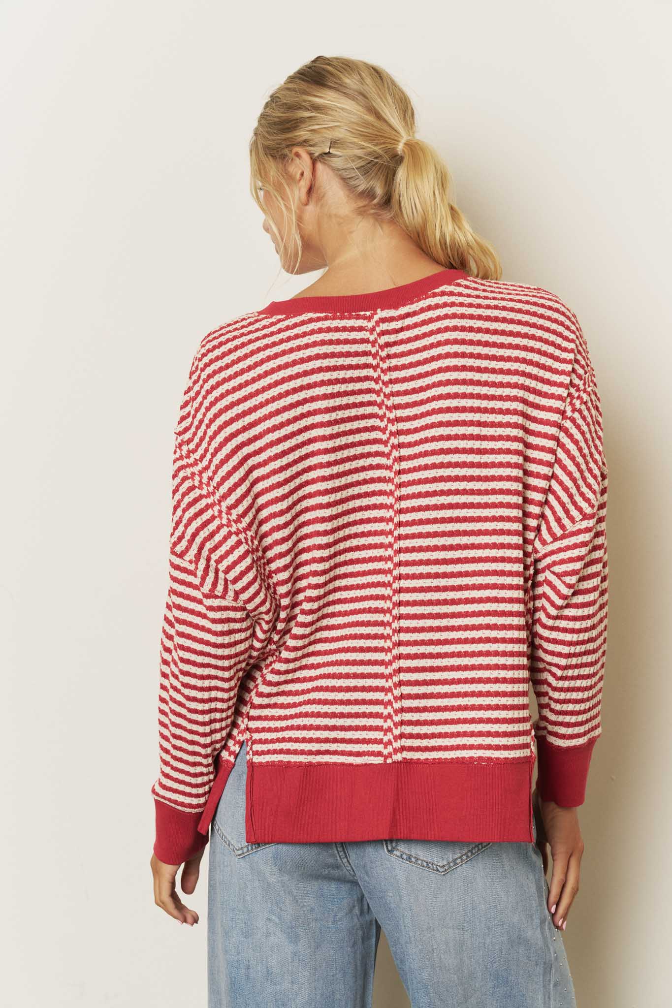 STRIPE EXPOSED SEAM SPLIT HEM LONG SLEEVE KNIT TOP (PRE-ORDER)