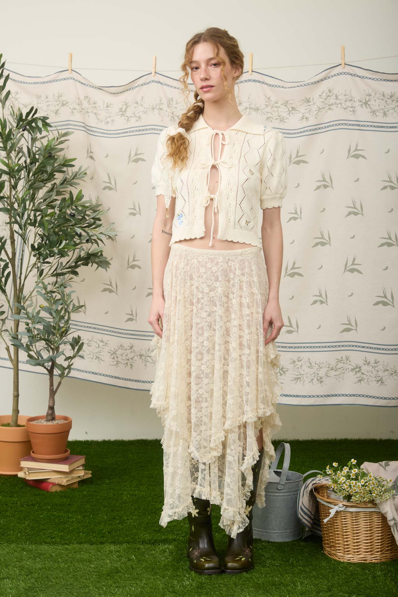 FLORAL EMBROIDERY CROCHET KNIT FRONT TIE SWEATER