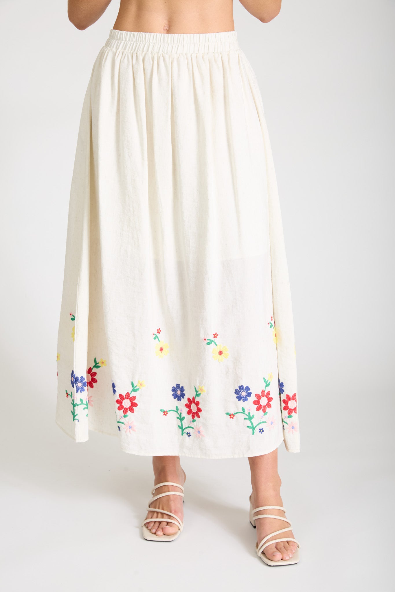EMBROIDERED FLORAL ELASTIC WAIST MIDI SKIRT