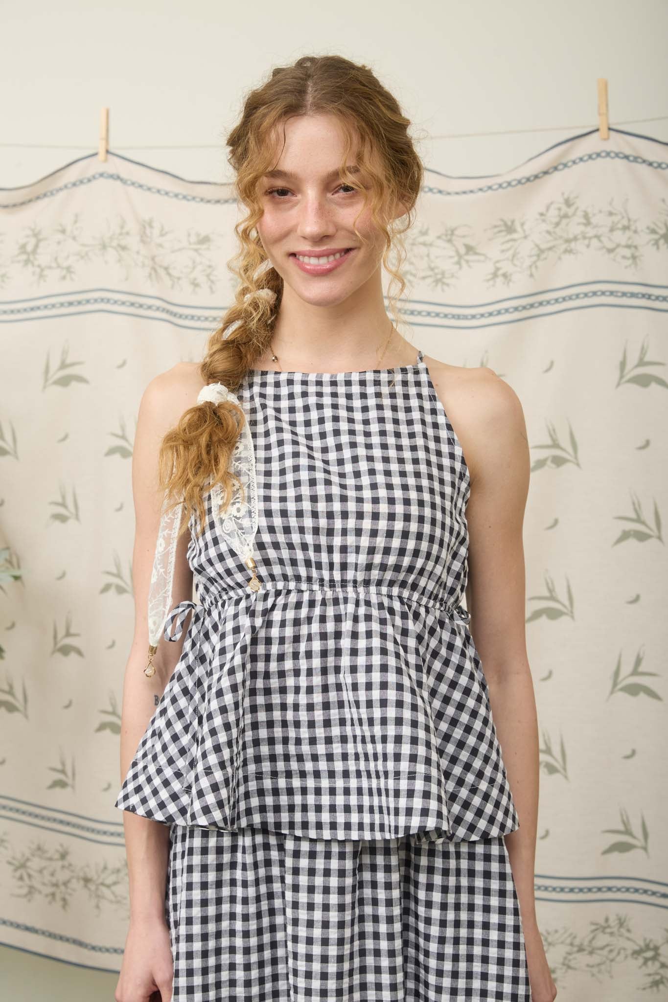 GINGHAM SLEEVELESS SIDE TIE BABYDOLL TOP (PRE-ORDER)