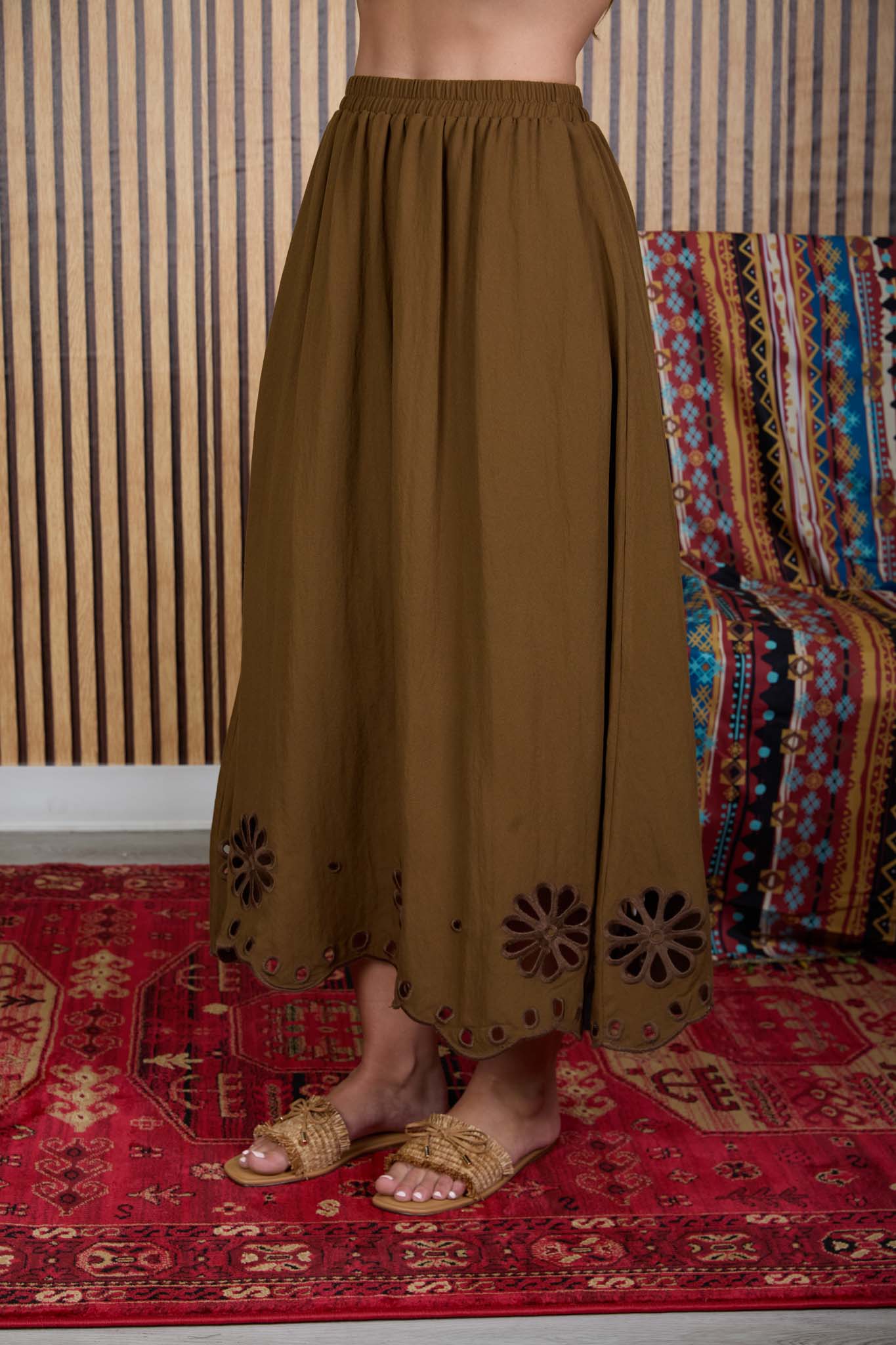 FLORAL EYELET SCALLOPED HEM MIDI SKIRT (PRE-ORDER)