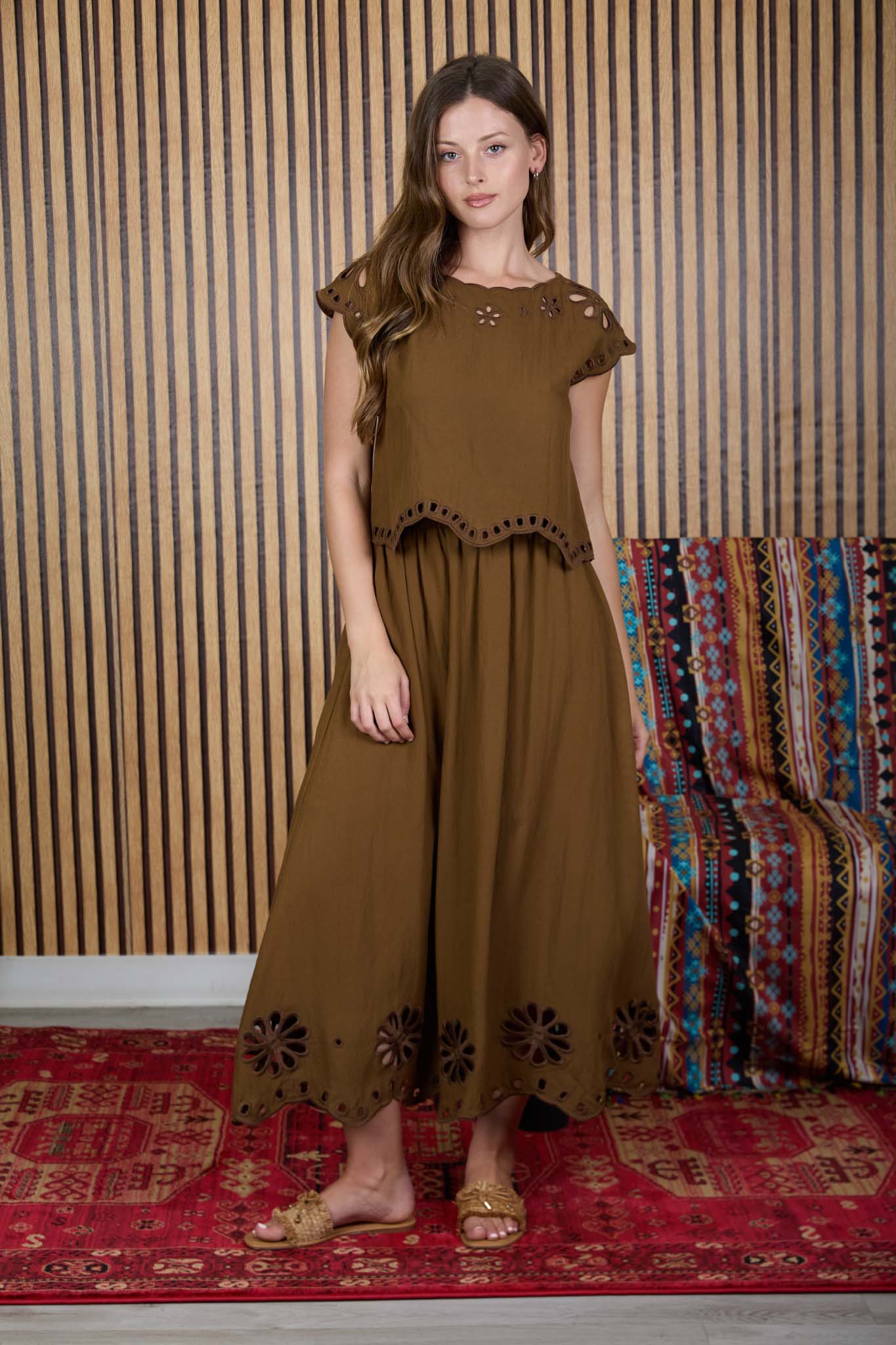 FLORAL EYELET SCALLOPED HEM MIDI SKIRT (PRE-ORDER)