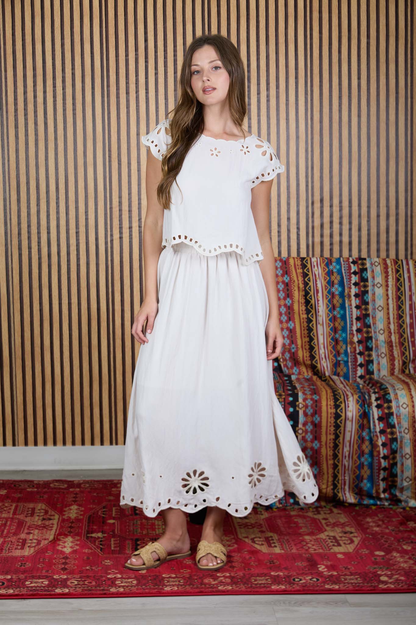 FLORAL EYELET SCALLOPED HEM MIDI SKIRT (PRE-ORDER)
