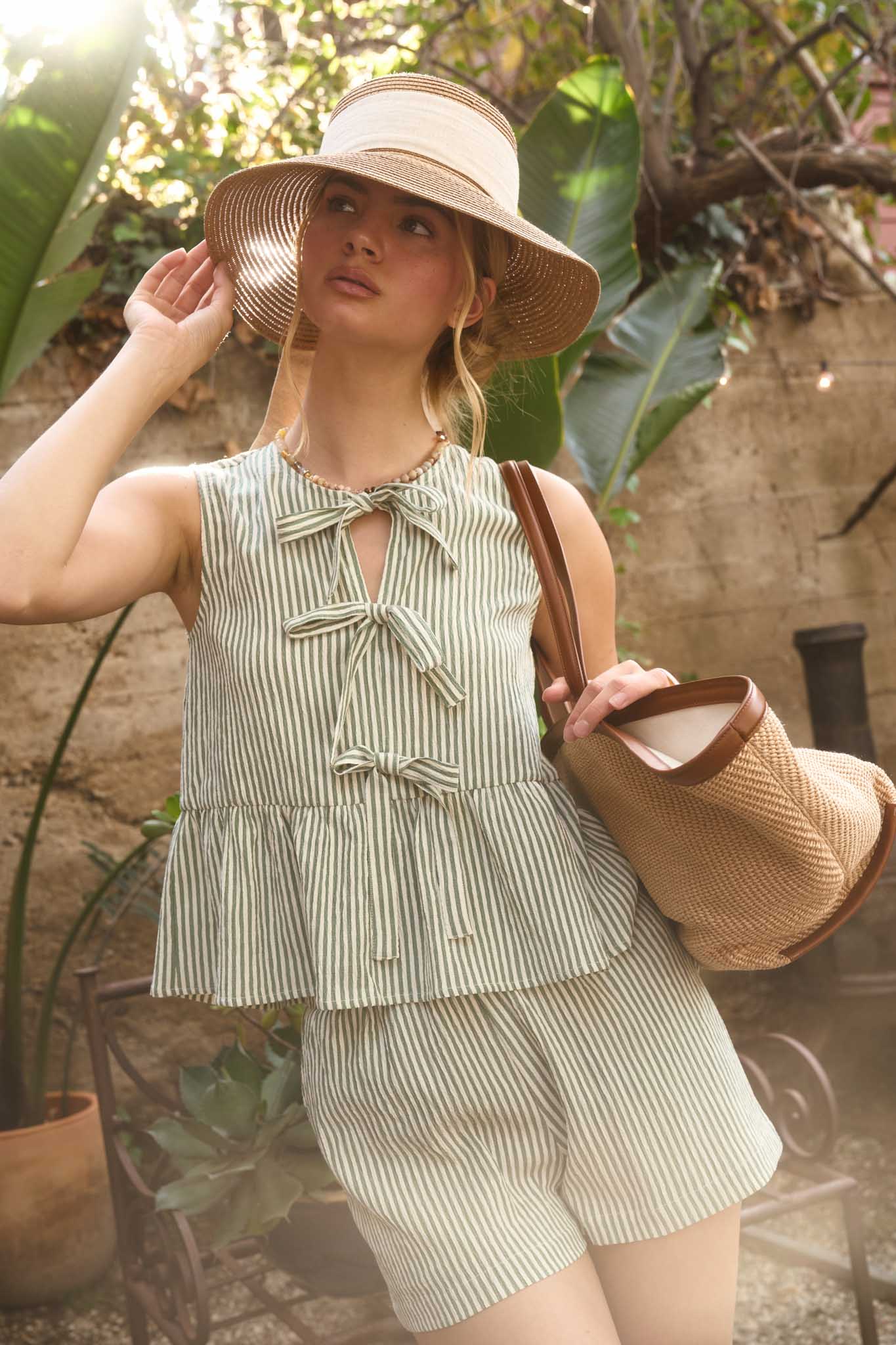 STRIPE FRONT TIE SLEEVELESS RUFFLE HEM TOP (PRE-ORDER)