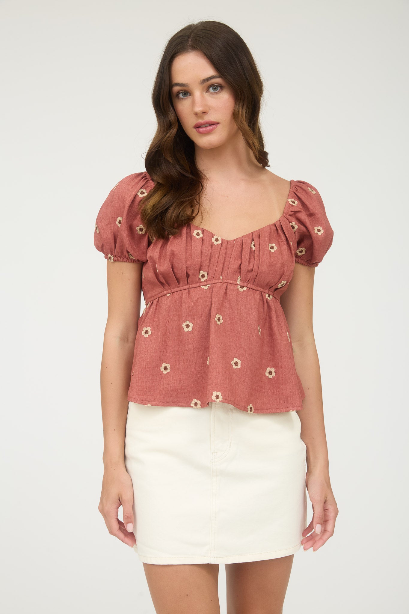 EMBROIDERED DAISY PUFF SLEEVE PLEATED BLOUSE (PRE-ORDER)