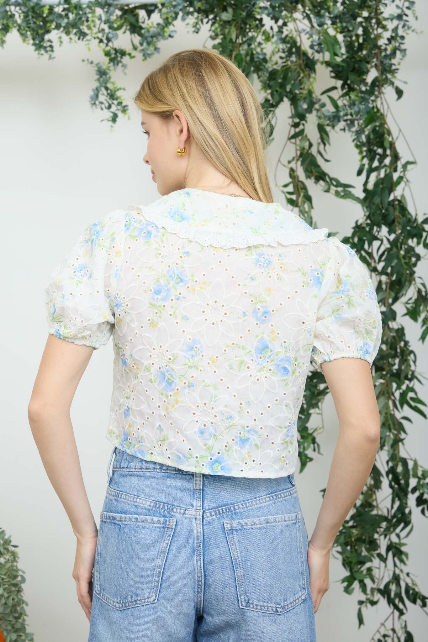 FLORAL EYELET PATTERN COLLARED FRONT TIE BLOUSE