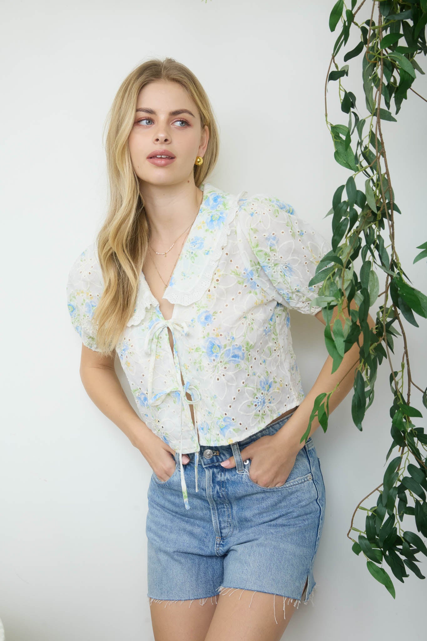 FLORAL EYELET PATTERN COLLARED FRONT TIE BLOUSE