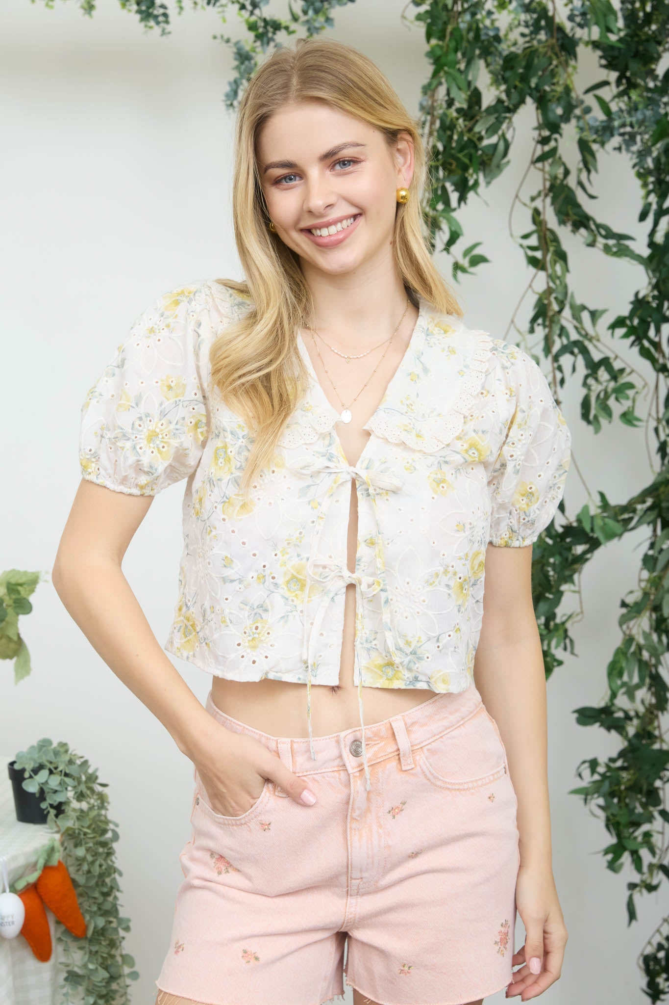 FLORAL EYELET PATTERN COLLARED FRONT TIE BLOUSE