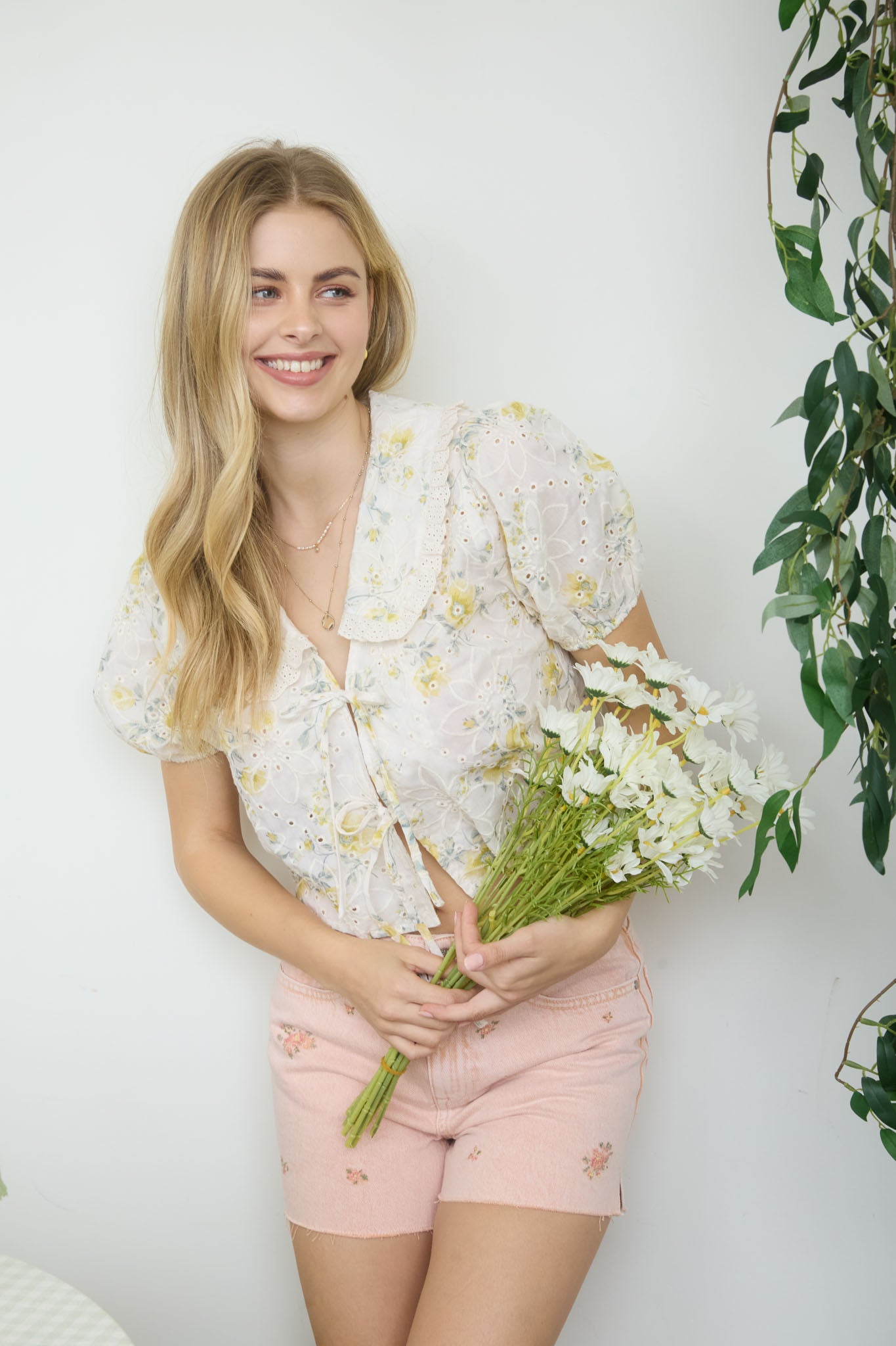 FLORAL EYELET PATTERN COLLARED FRONT TIE BLOUSE