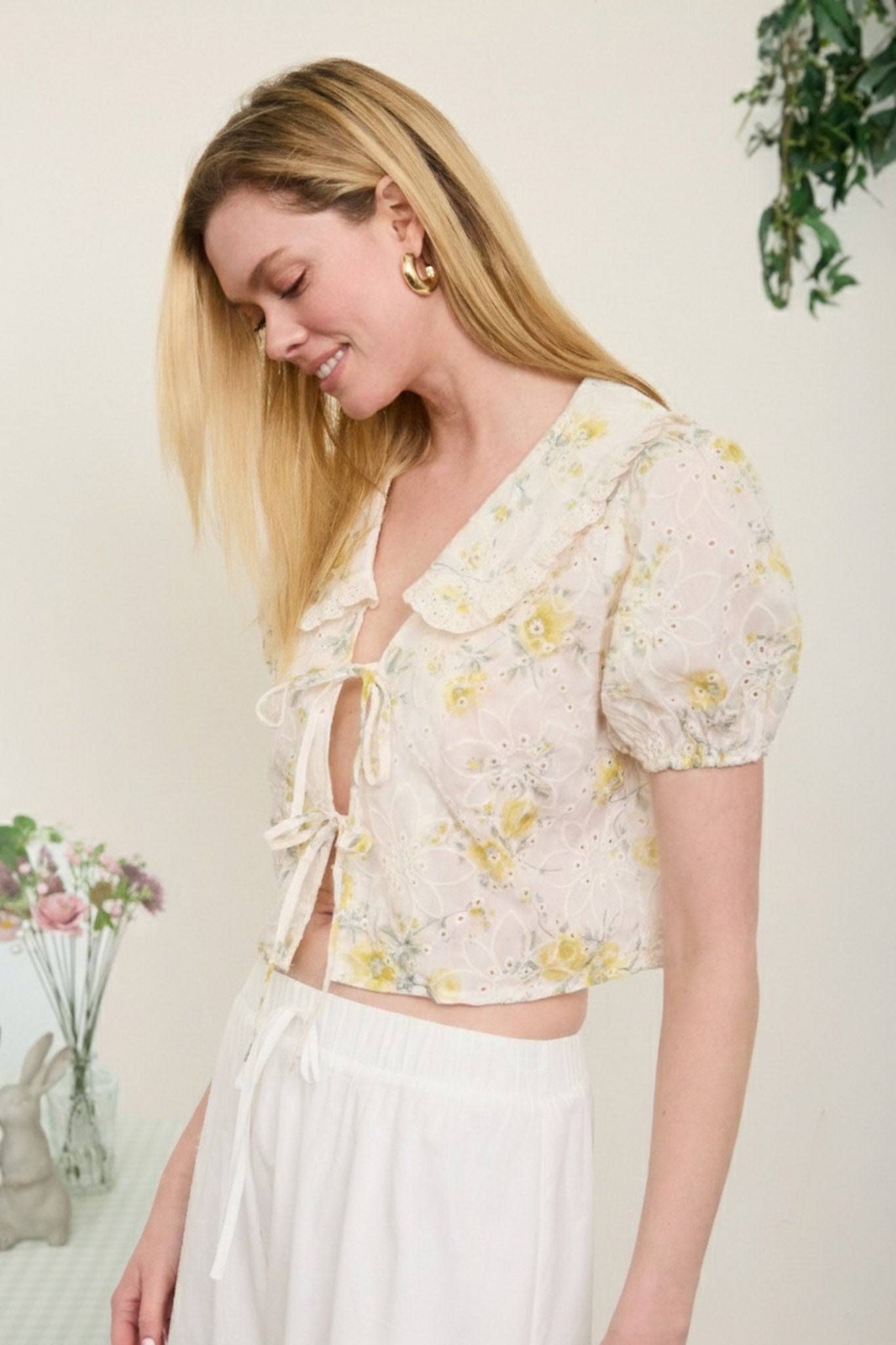 FLORAL EYELET PATTERN COLLARED FRONT TIE BLOUSE