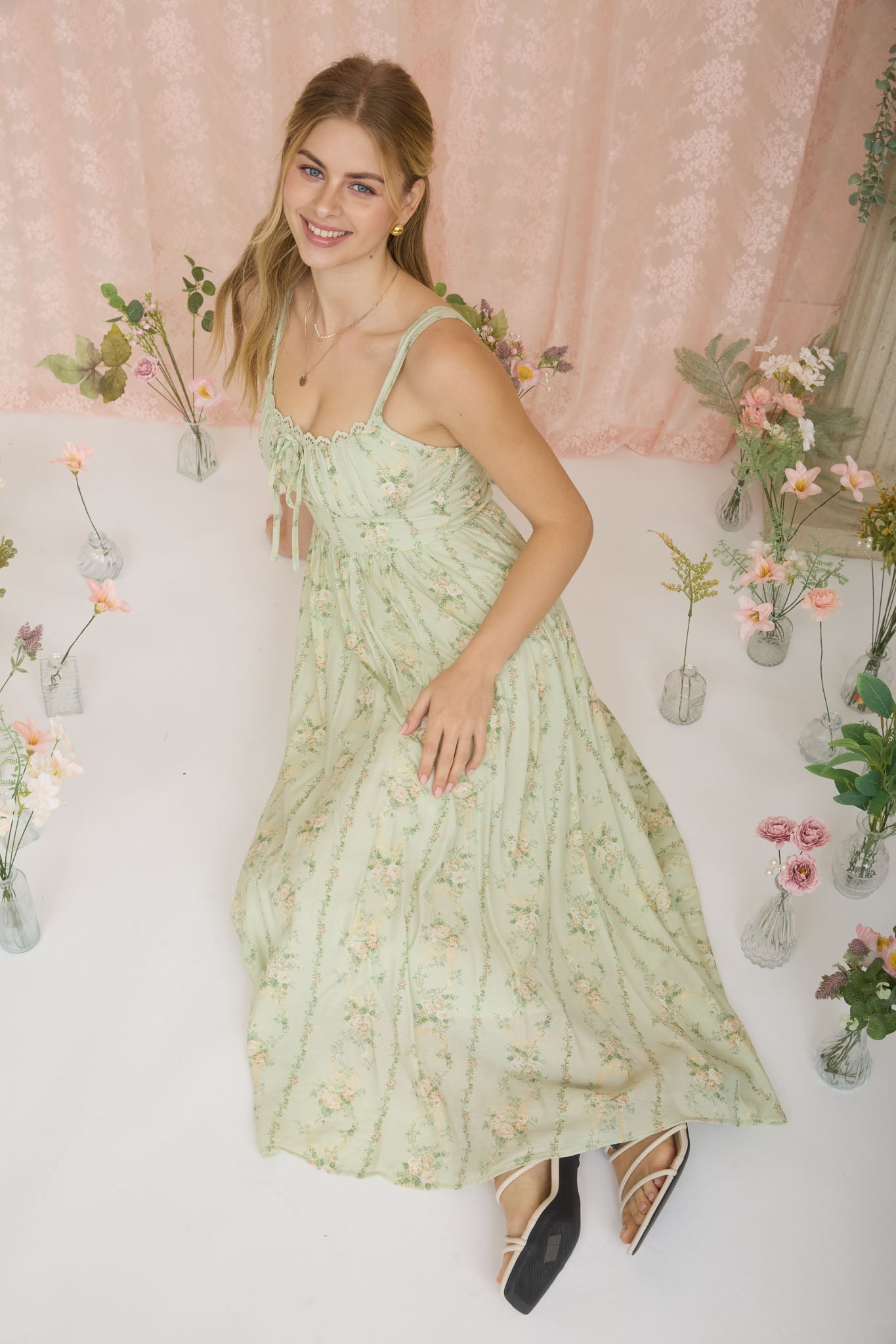 FLORAL GARLAND SLEEVELESS CORSET MIDI DRESS