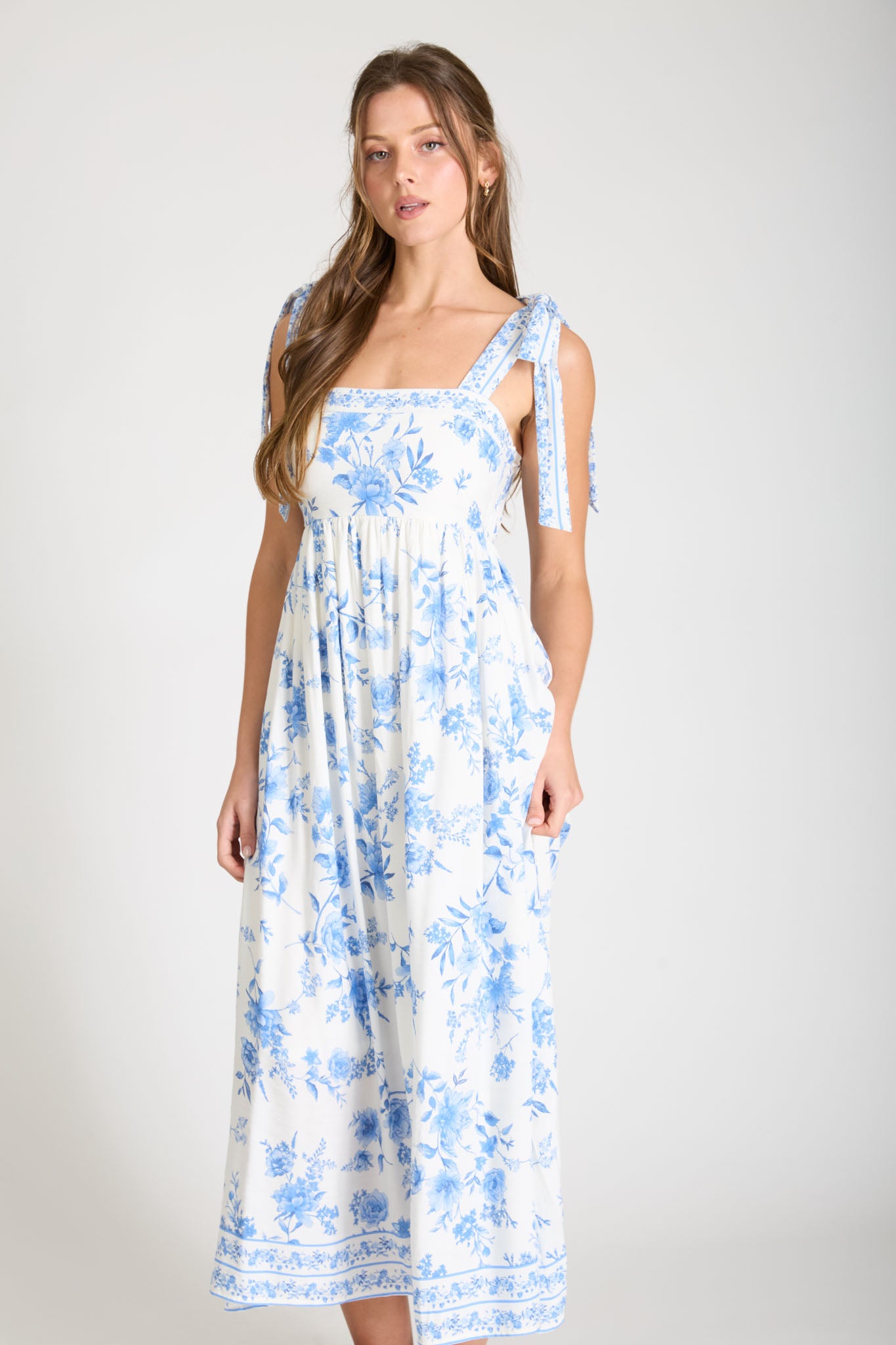 PLUS FLORAL BORDER EMPIRE WAIST MIDI DRESS