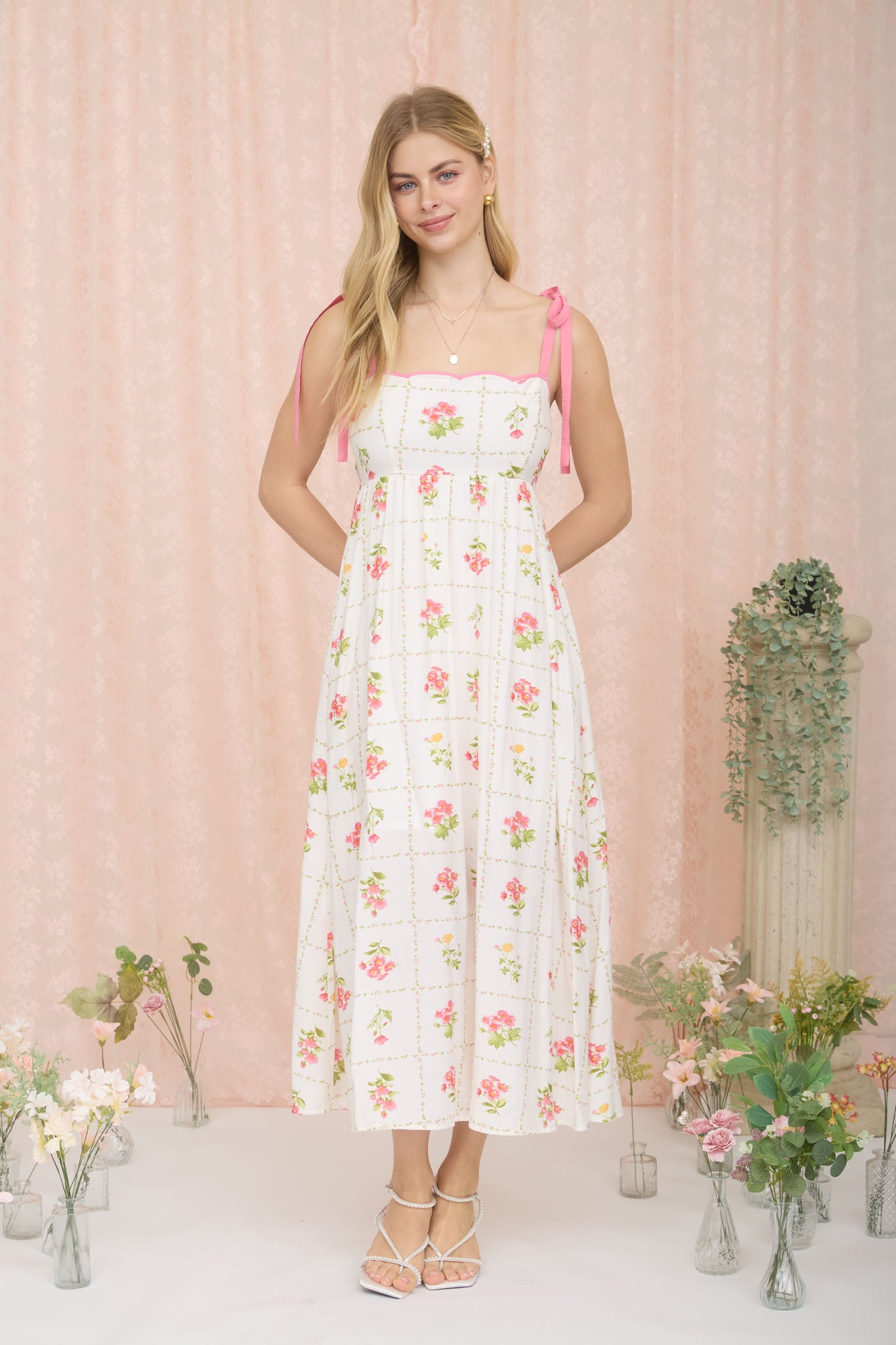 FLORAL TILE PATTERN SCALLOPED TIE STRAP MIDI DRESS