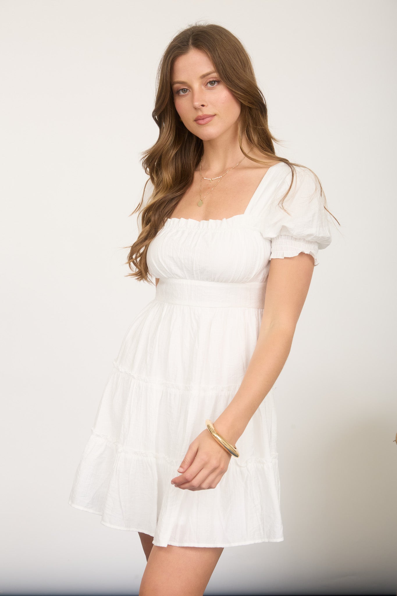 SQUARE NECK RUFFLE DETAIL TIERED MINI DRESS