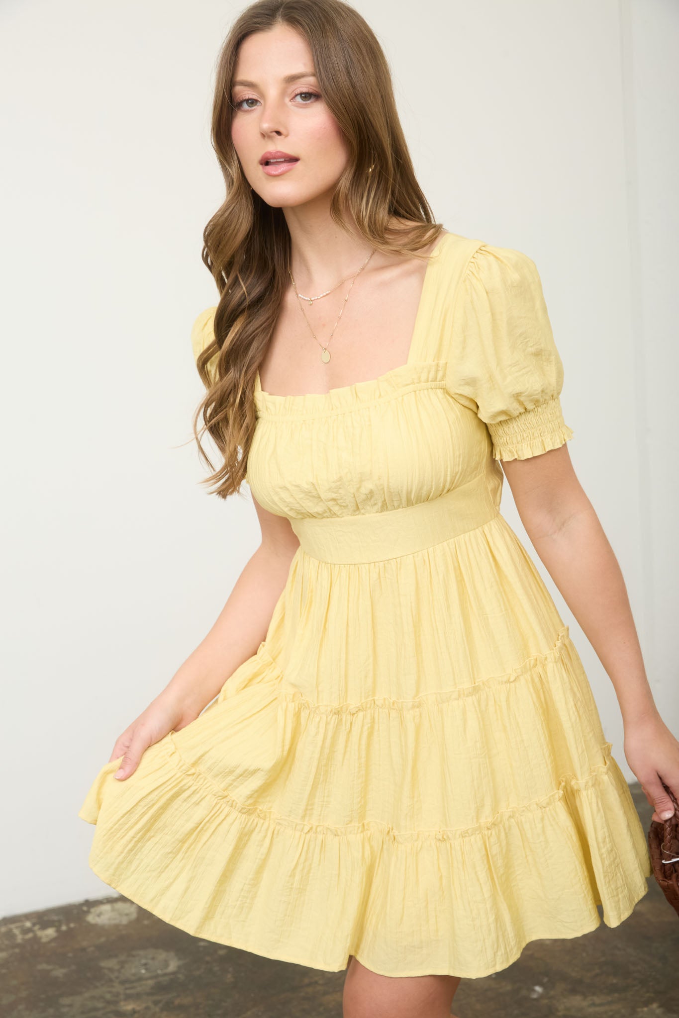 SQUARE NECK RUFFLE DETAIL TIERED MINI DRESS