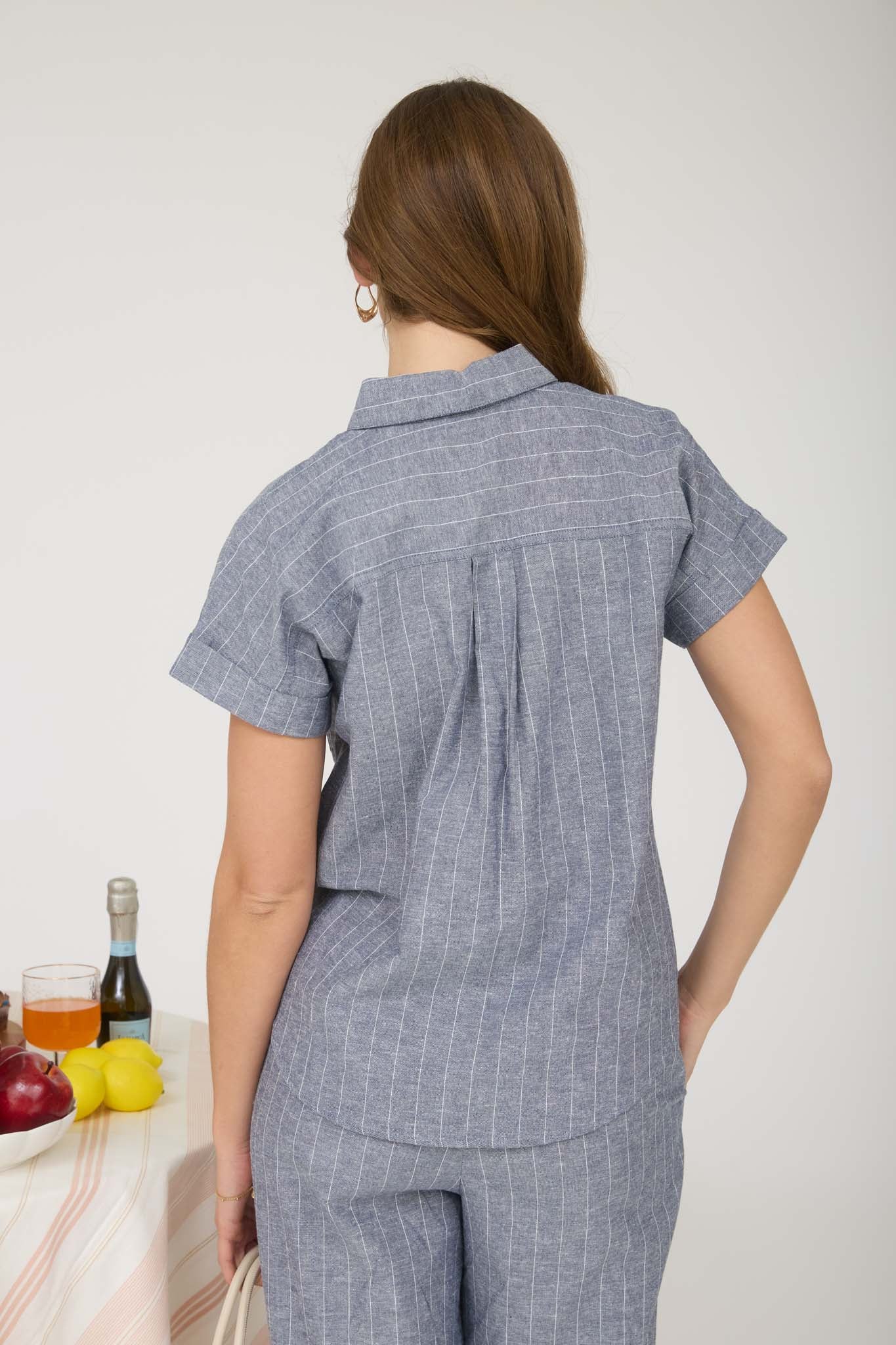 STRIPE LINEN COLLARED SHORT SLEEVE SHIRT (PRE-ORDER)