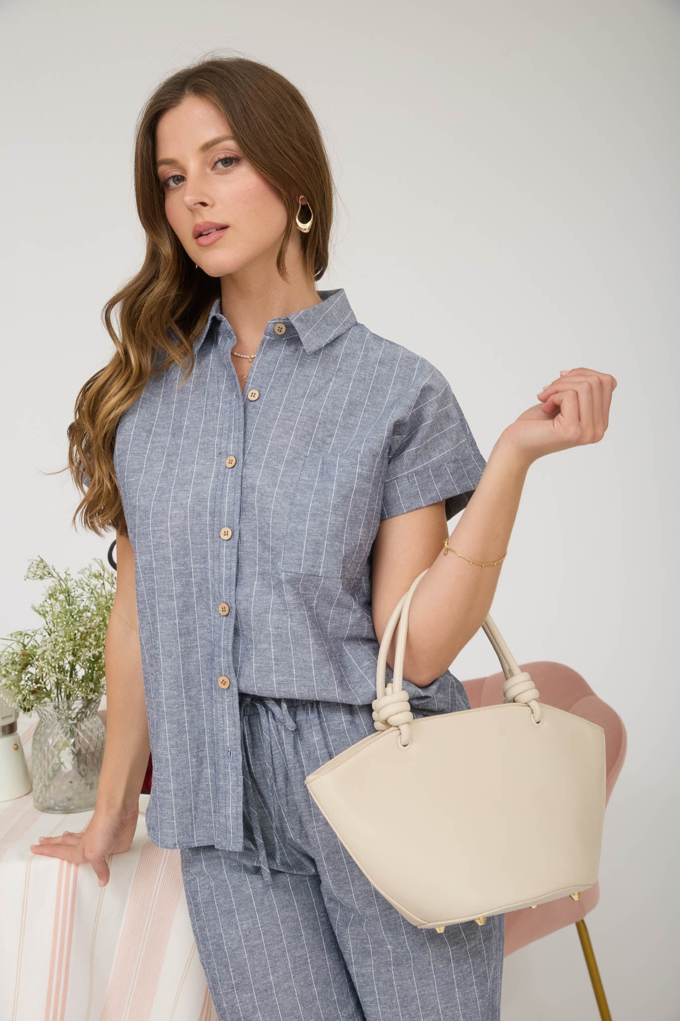 STRIPE LINEN COLLARED SHORT SLEEVE SHIRT (PRE-ORDER)