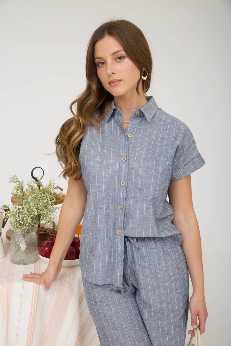 STRIPE LINEN COLLARED SHORT SLEEVE SHIRT (PRE-ORDER)