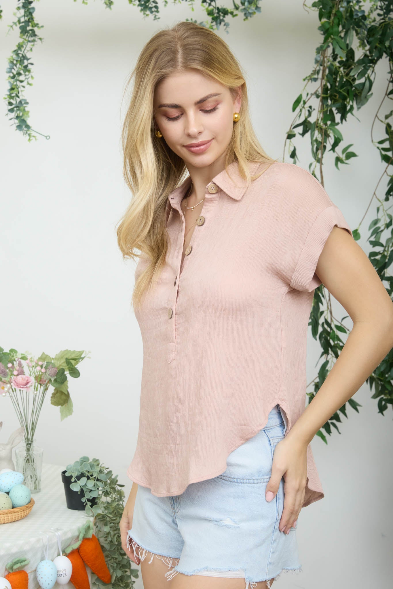 COLLARED HALF BUTTON SHORT SLEEVE LINEN BLEND TOP