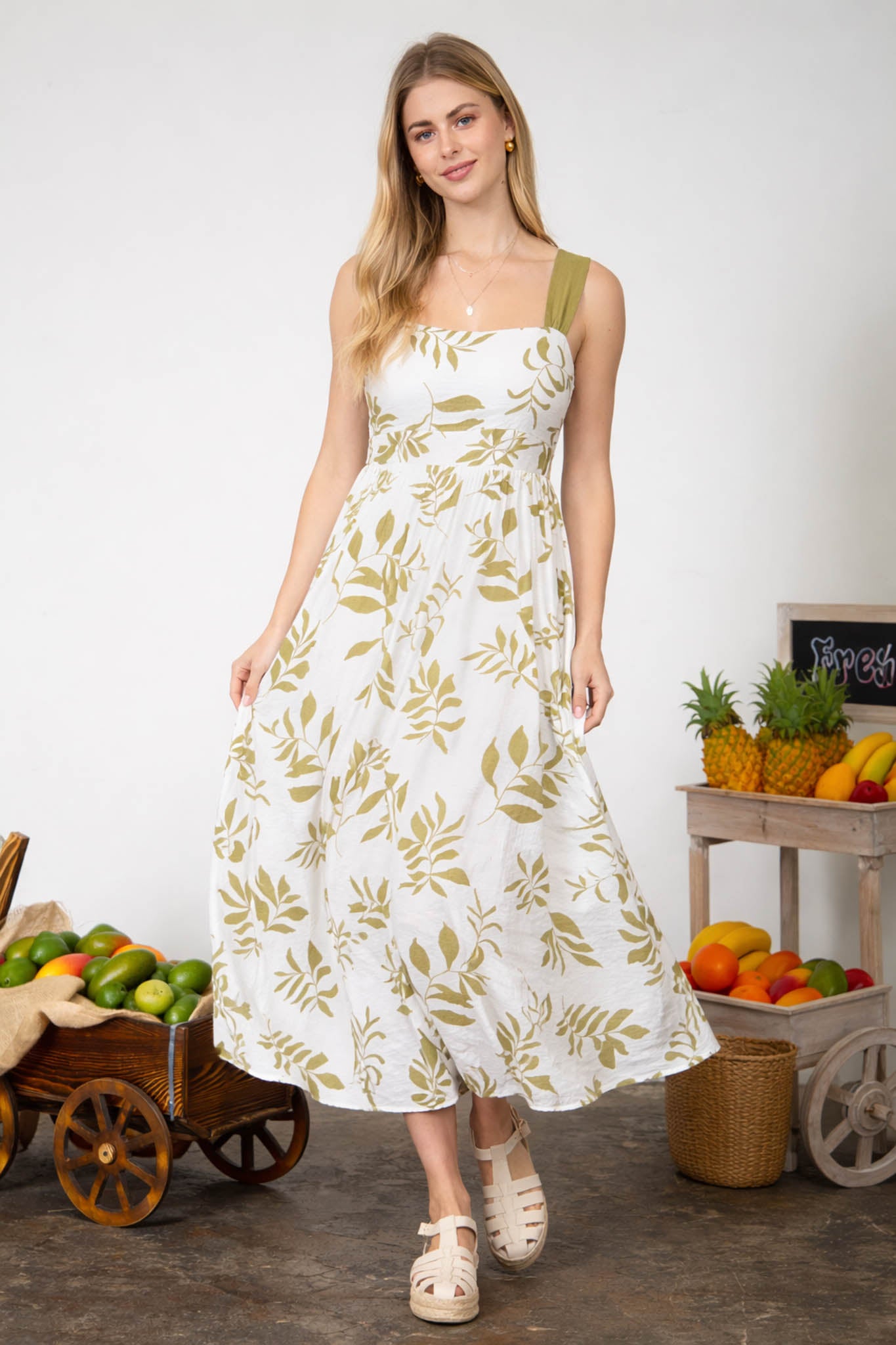 LEAF PRINT BACK TIE STRAP DETAIL MIDI DRESS