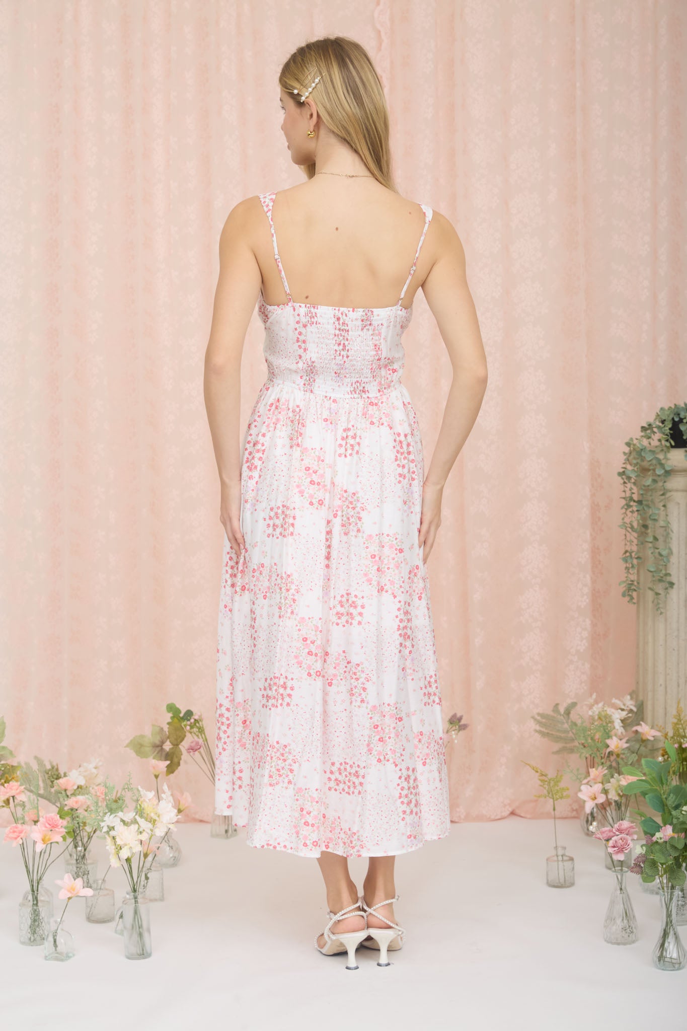 FLORAL SLEEVELESS CORSET FRONT TIE MIDI DRESS (PRE-ORDER)