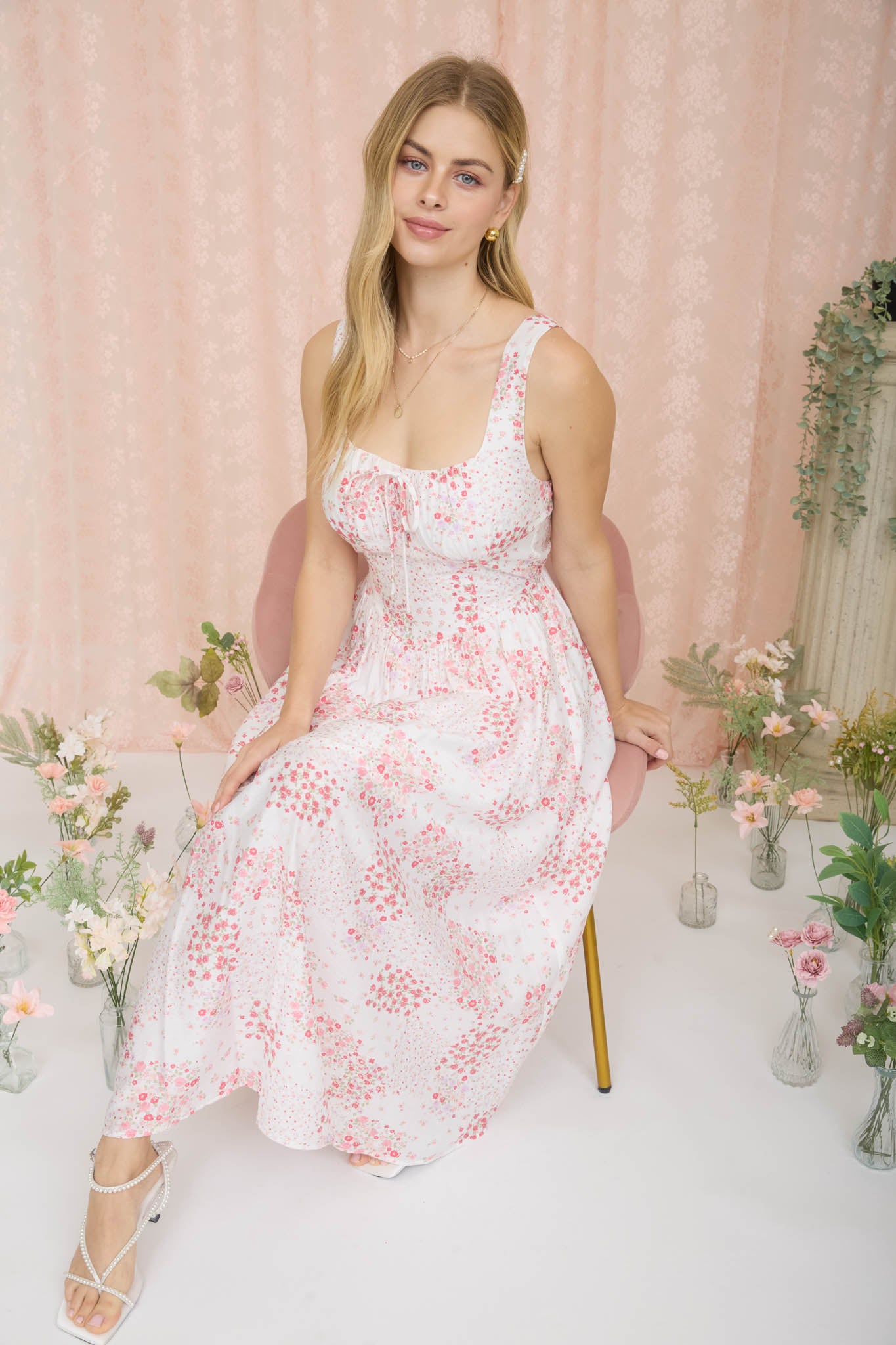 FLORAL SLEEVELESS CORSET FRONT TIE MIDI DRESS (PRE-ORDER)