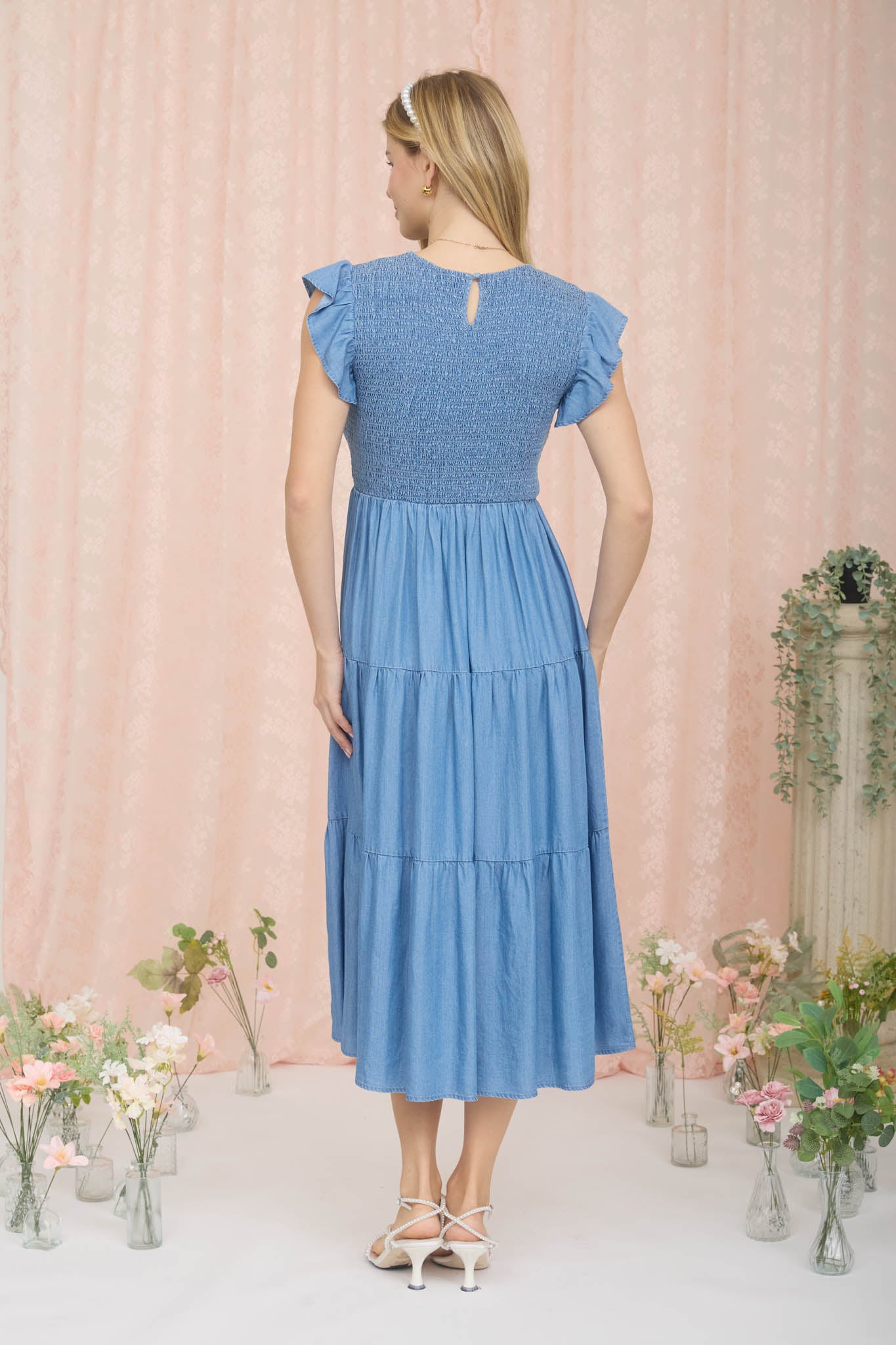 CHAMBRAY SMOCKED TIERED MIDI DRESS