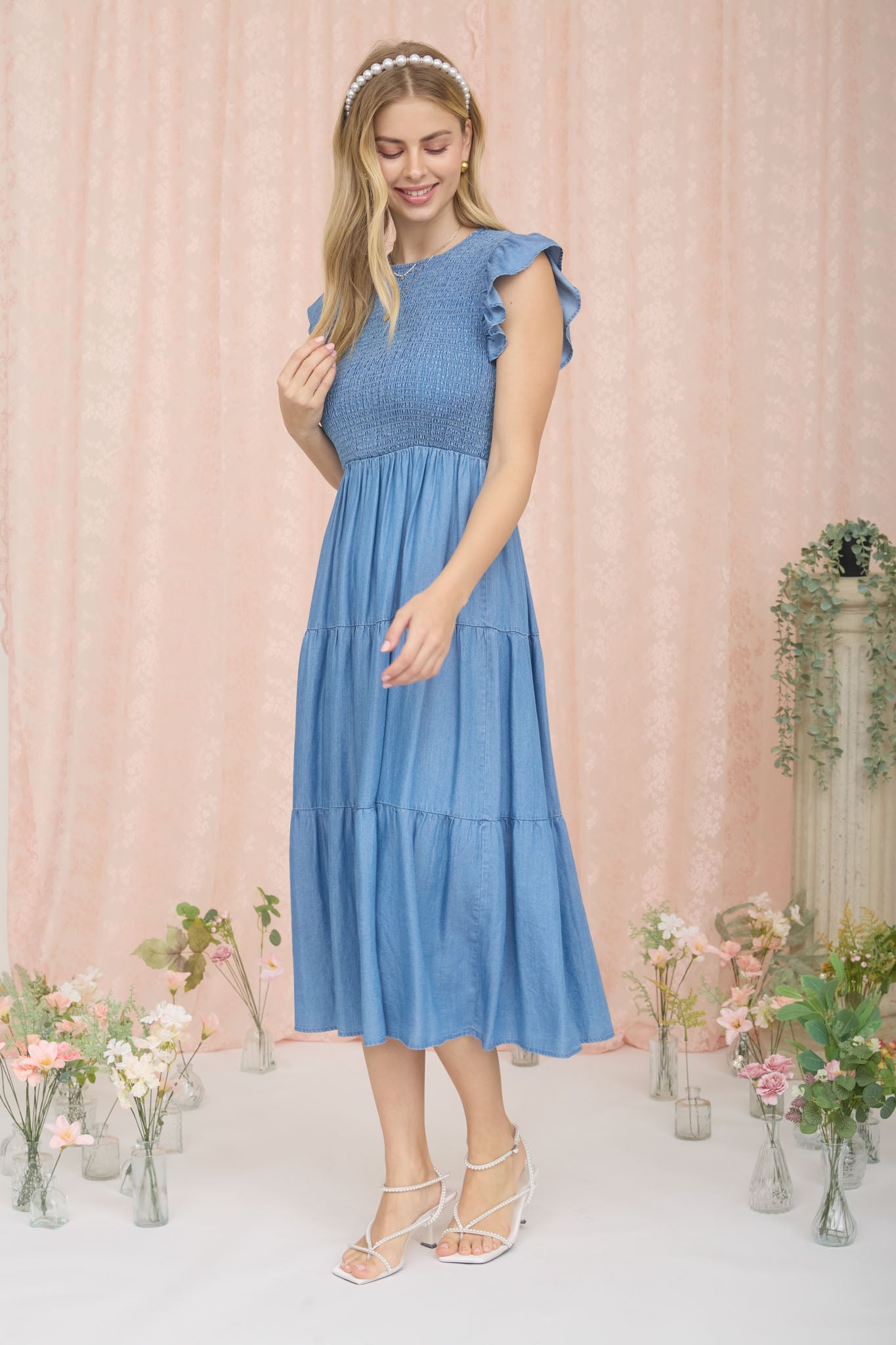CHAMBRAY SMOCKED TIERED MIDI DRESS