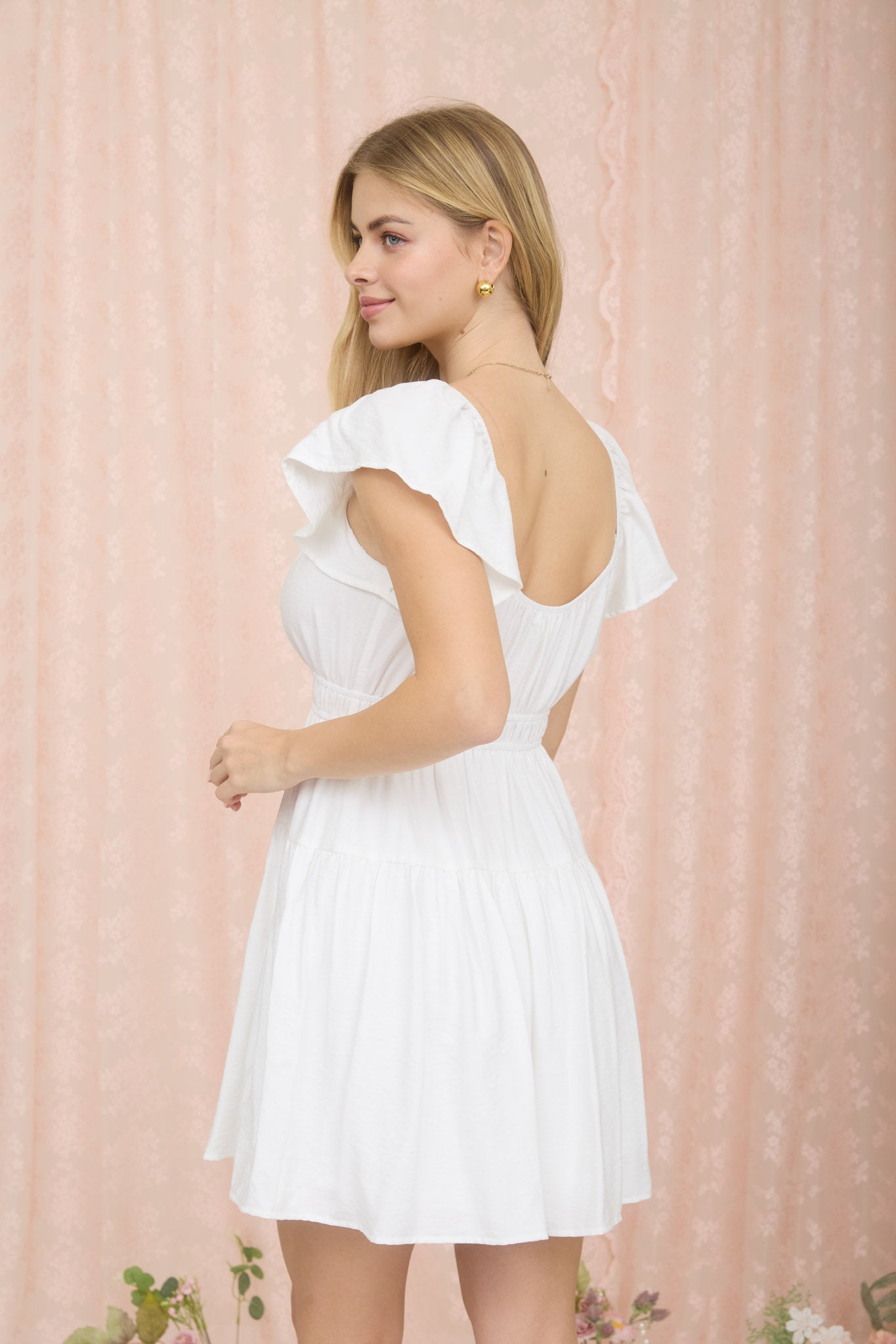 SHIRRED FLOUNCE SLEEVE MINI DRESS (PRE-ORDER)