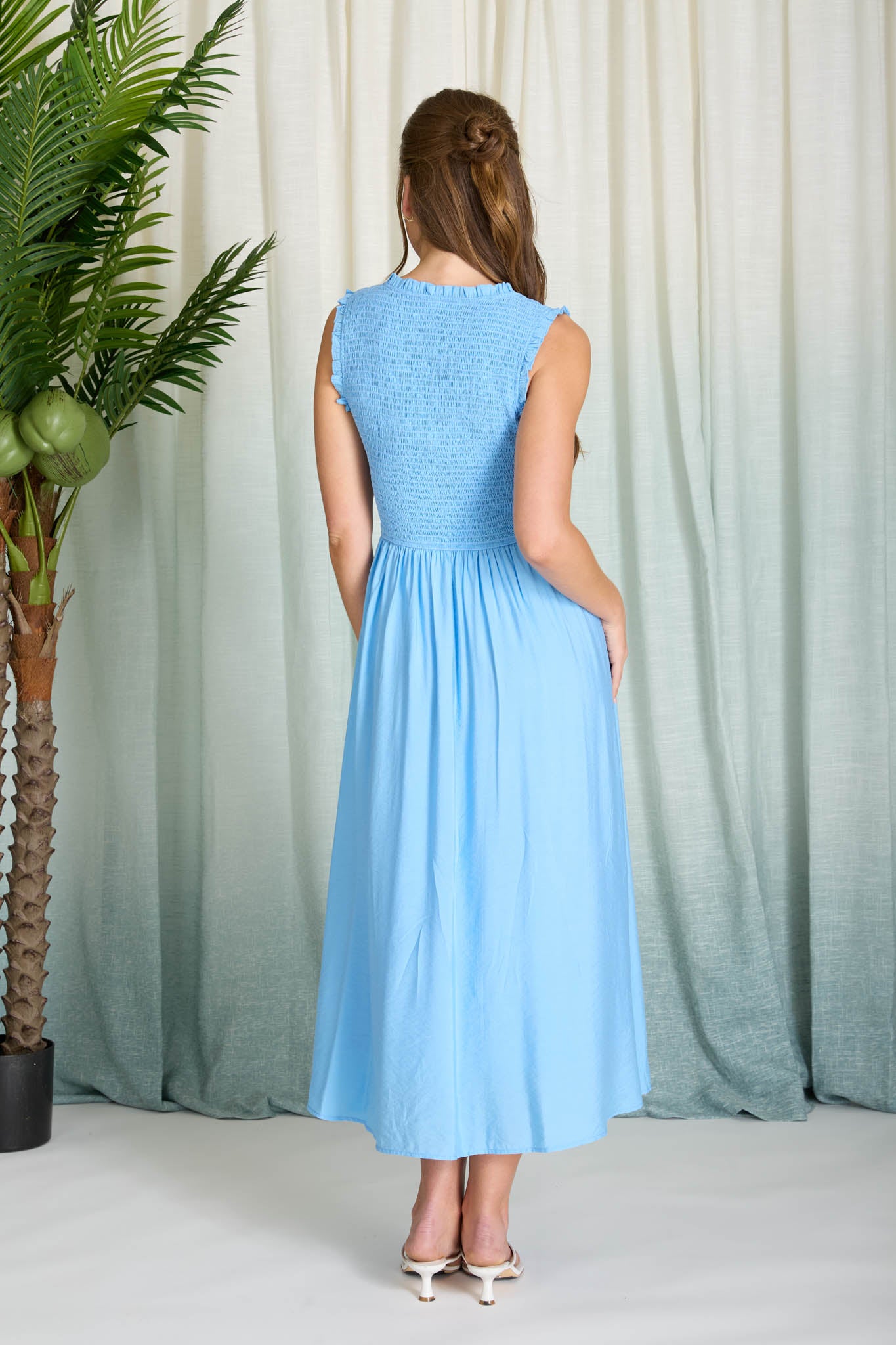 SWEETHEART SMOCKED MOCK BUTTON MIDI DRESS (PRE-ORDER)