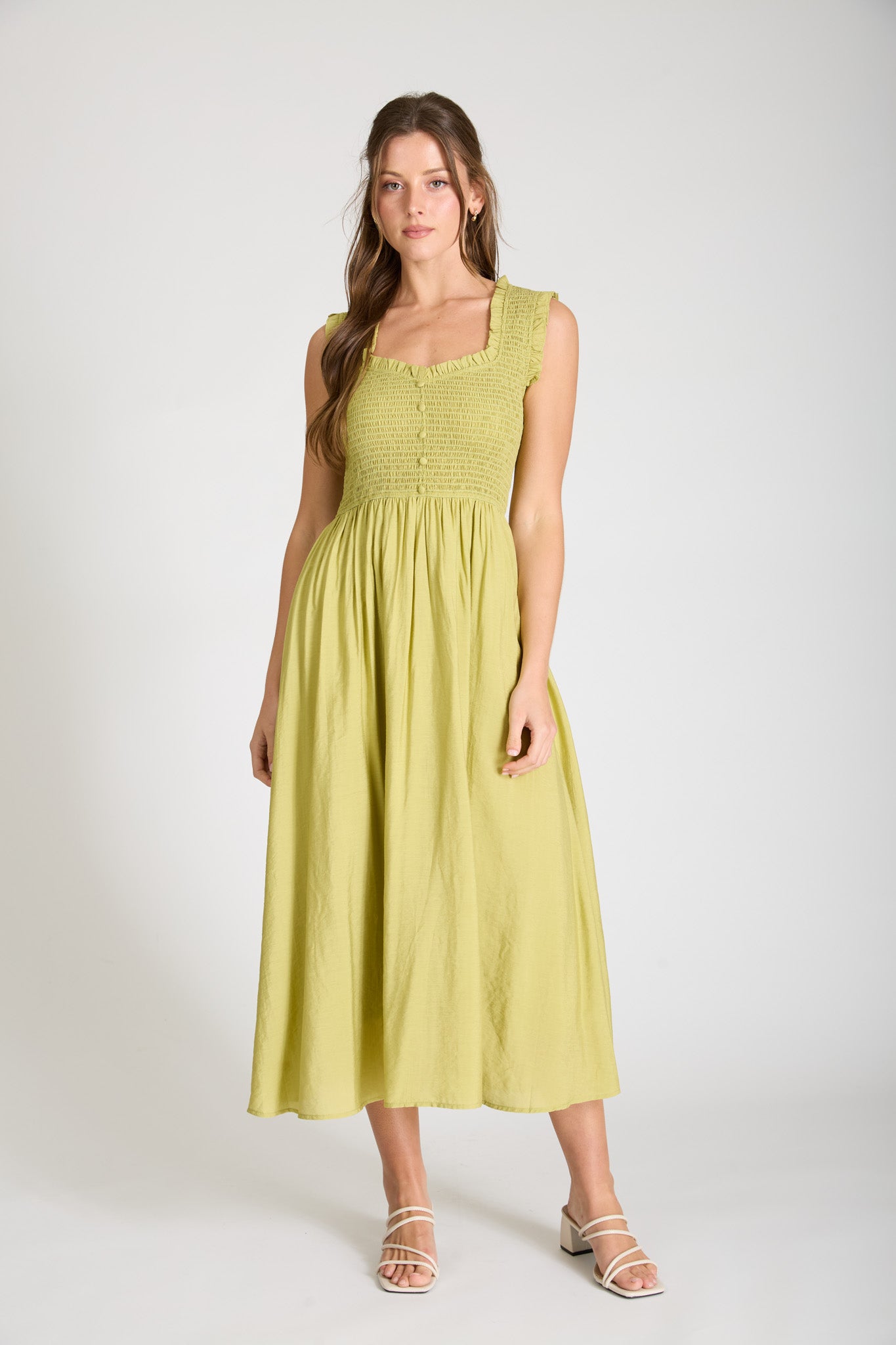 SWEETHEART SMOCKED MOCK BUTTON MIDI DRESS (PRE-ORDER)