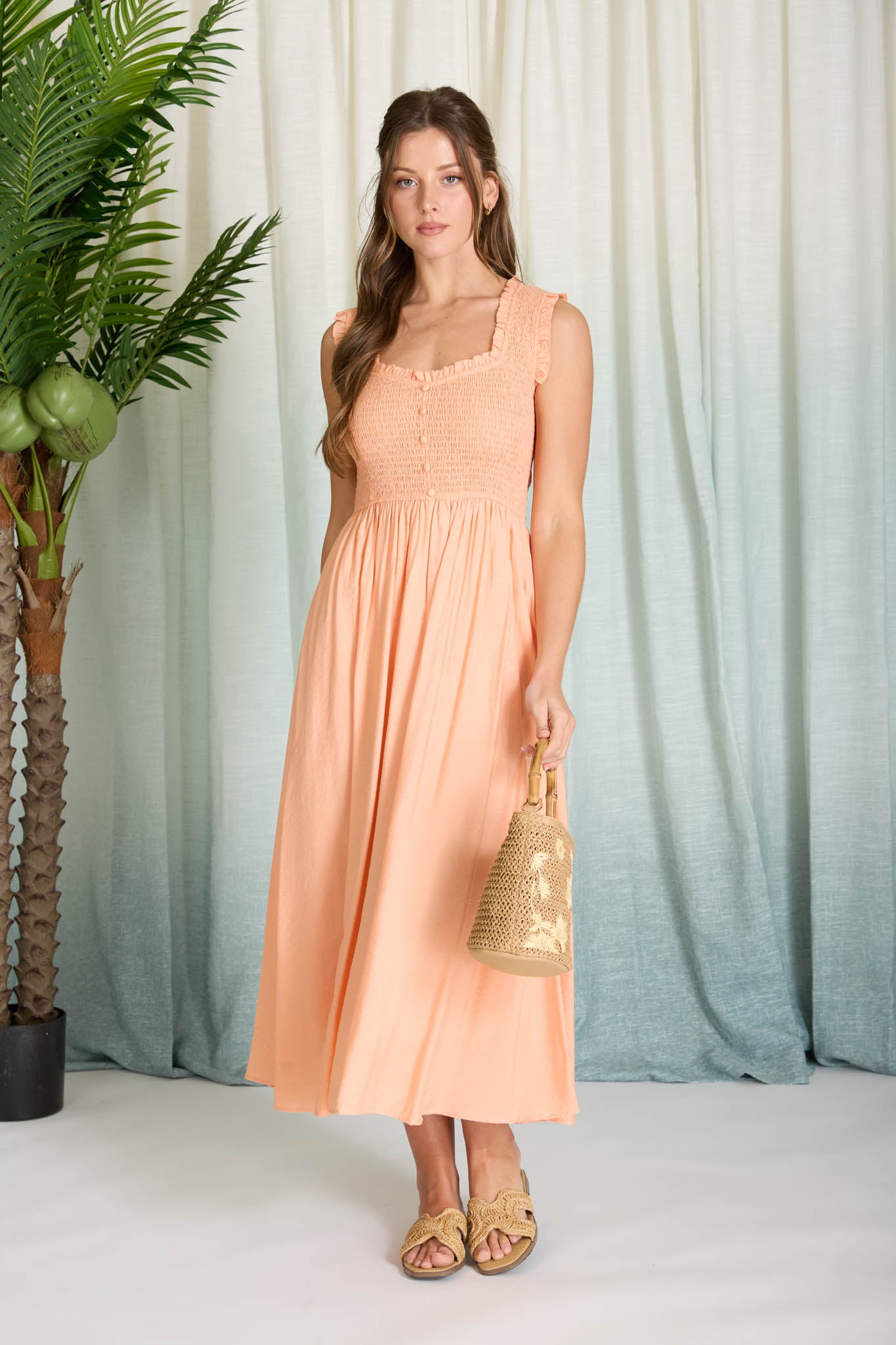 SWEETHEART SMOCKED MOCK BUTTON MIDI DRESS (PRE-ORDER)