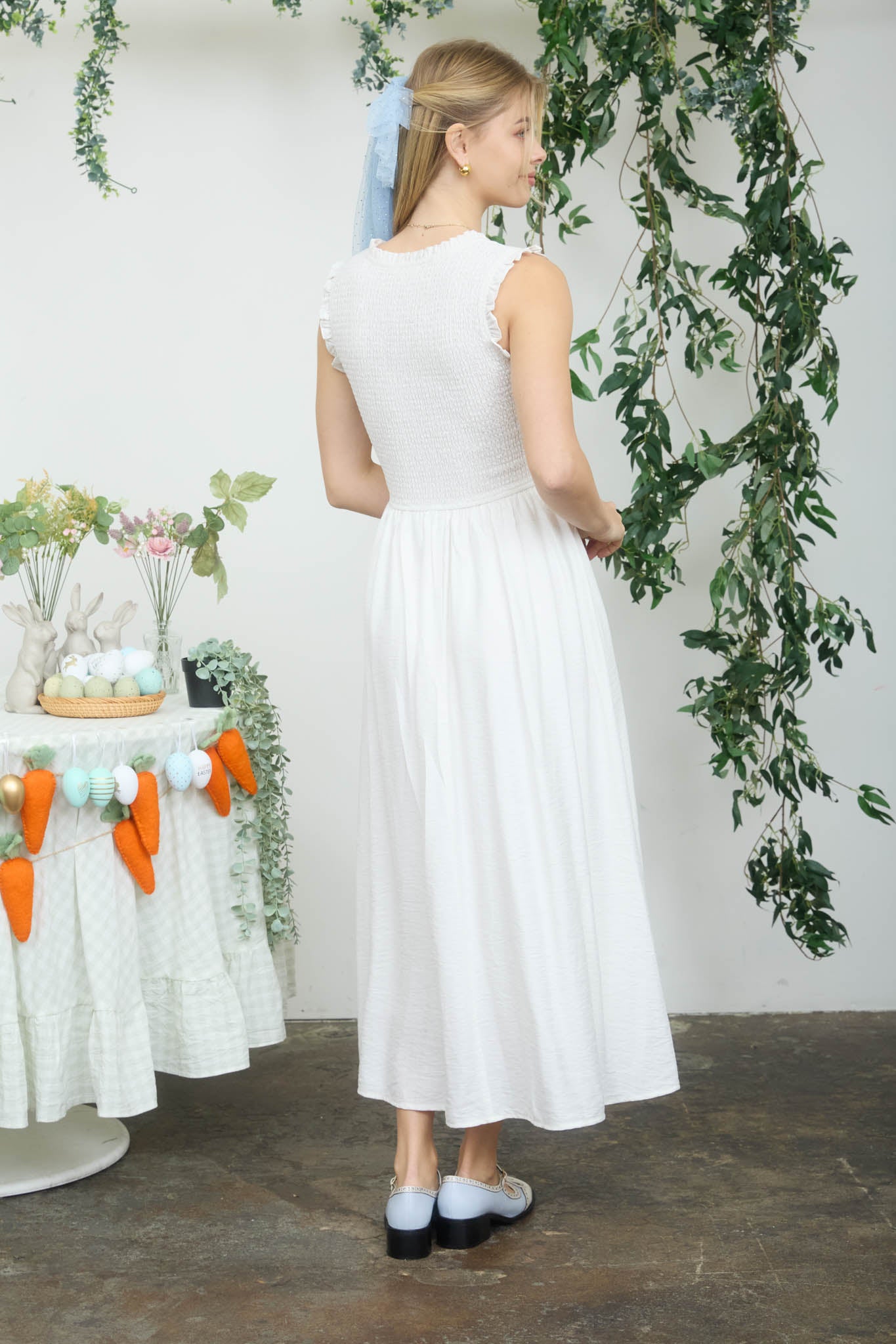 SWEETHEART SMOCKED MOCK BUTTON MIDI DRESS (PRE-ORDER)