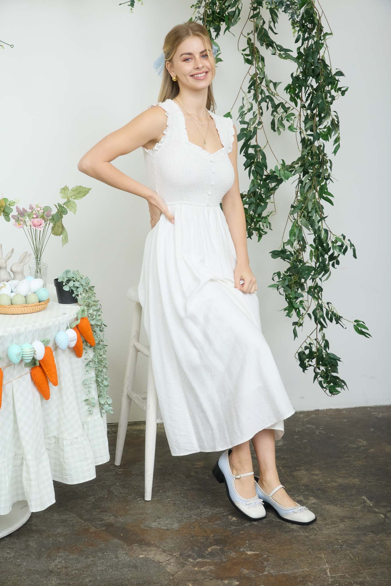 SWEETHEART SMOCKED MOCK BUTTON MIDI DRESS (PRE-ORDER)