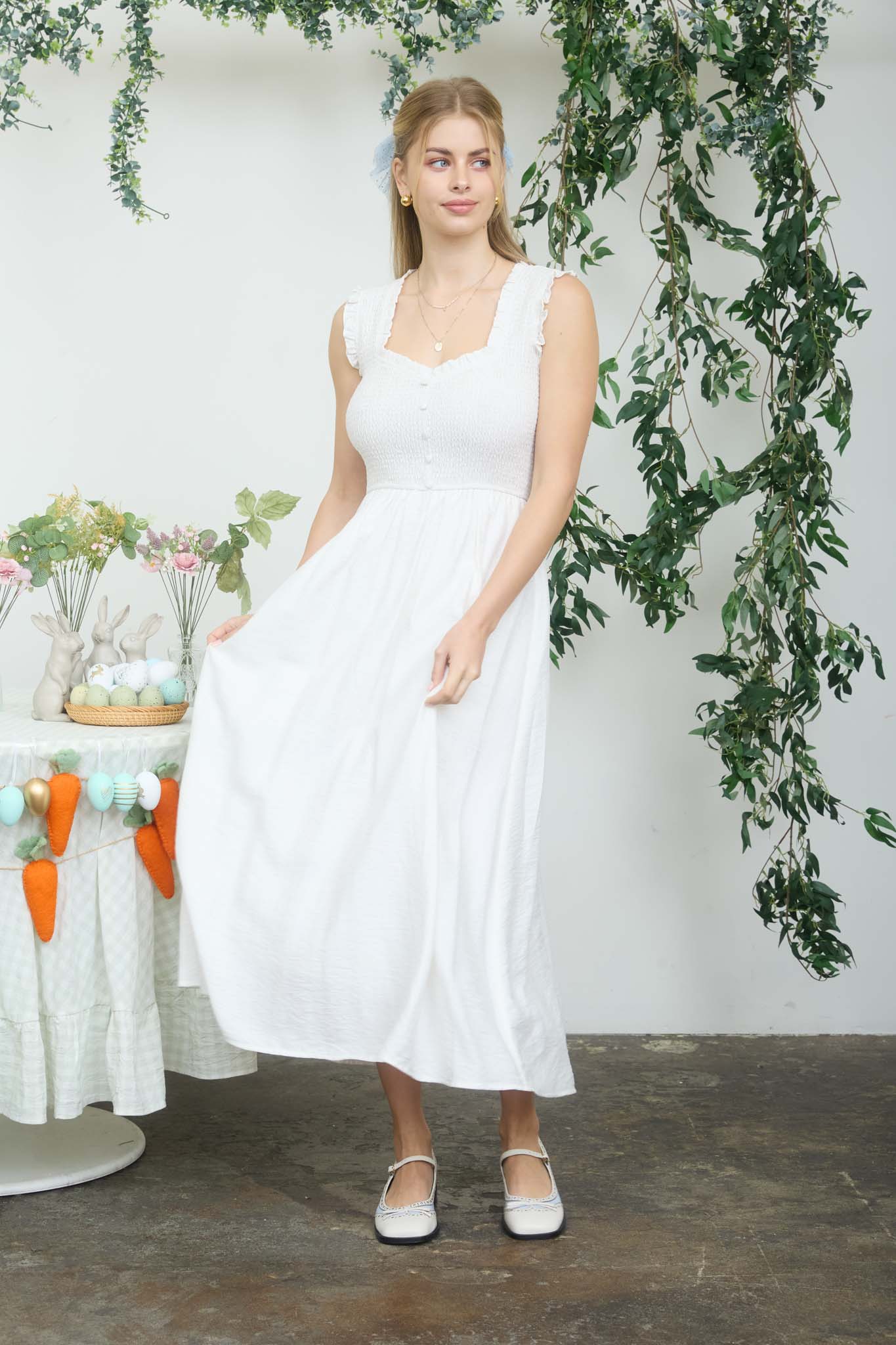 SWEETHEART SMOCKED MOCK BUTTON MIDI DRESS (PRE-ORDER)