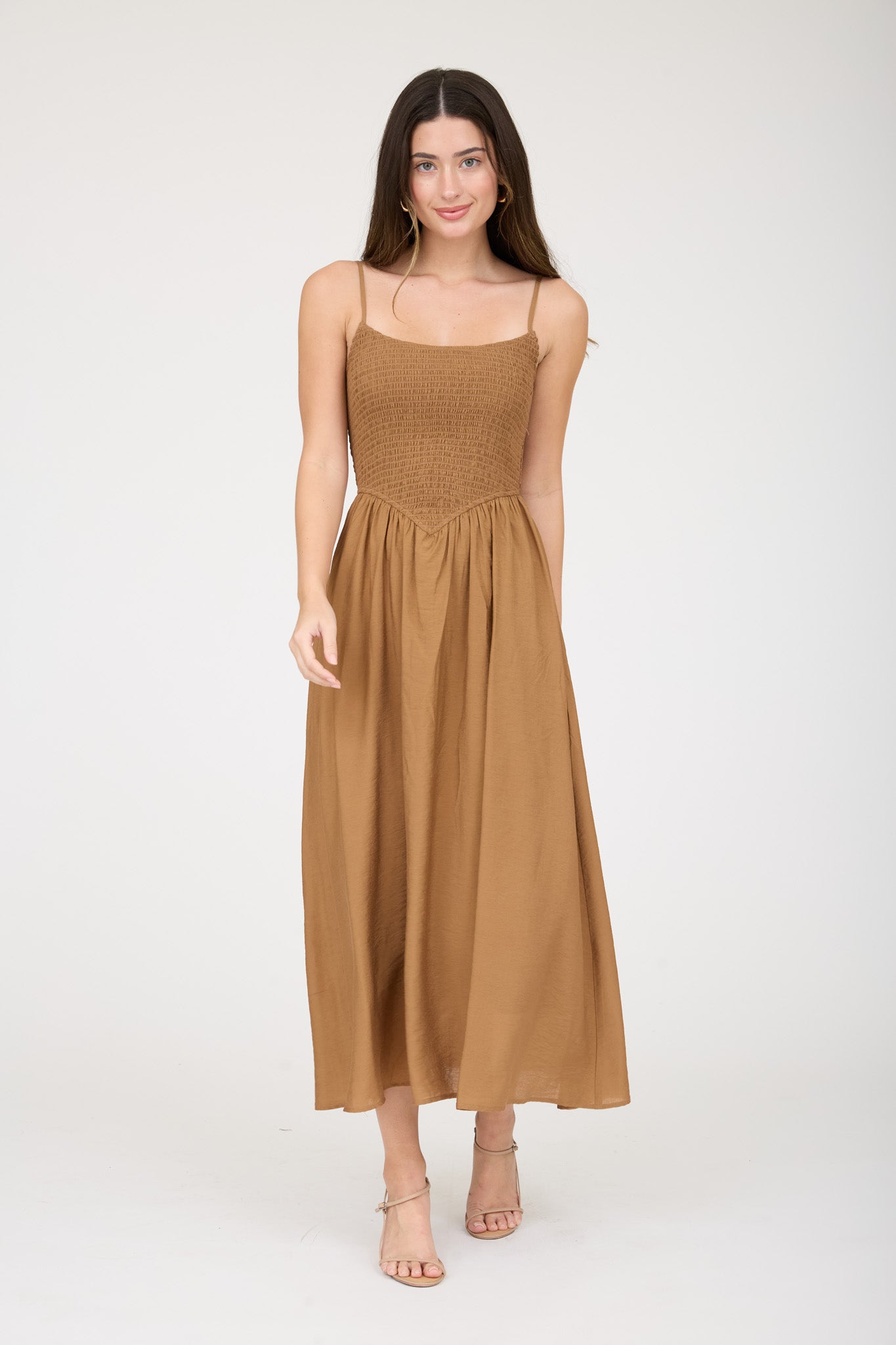 SMOCKED BASQUE WAIST SPAGHETTI STRAP MIDI DRESS (PRE-ORDER)