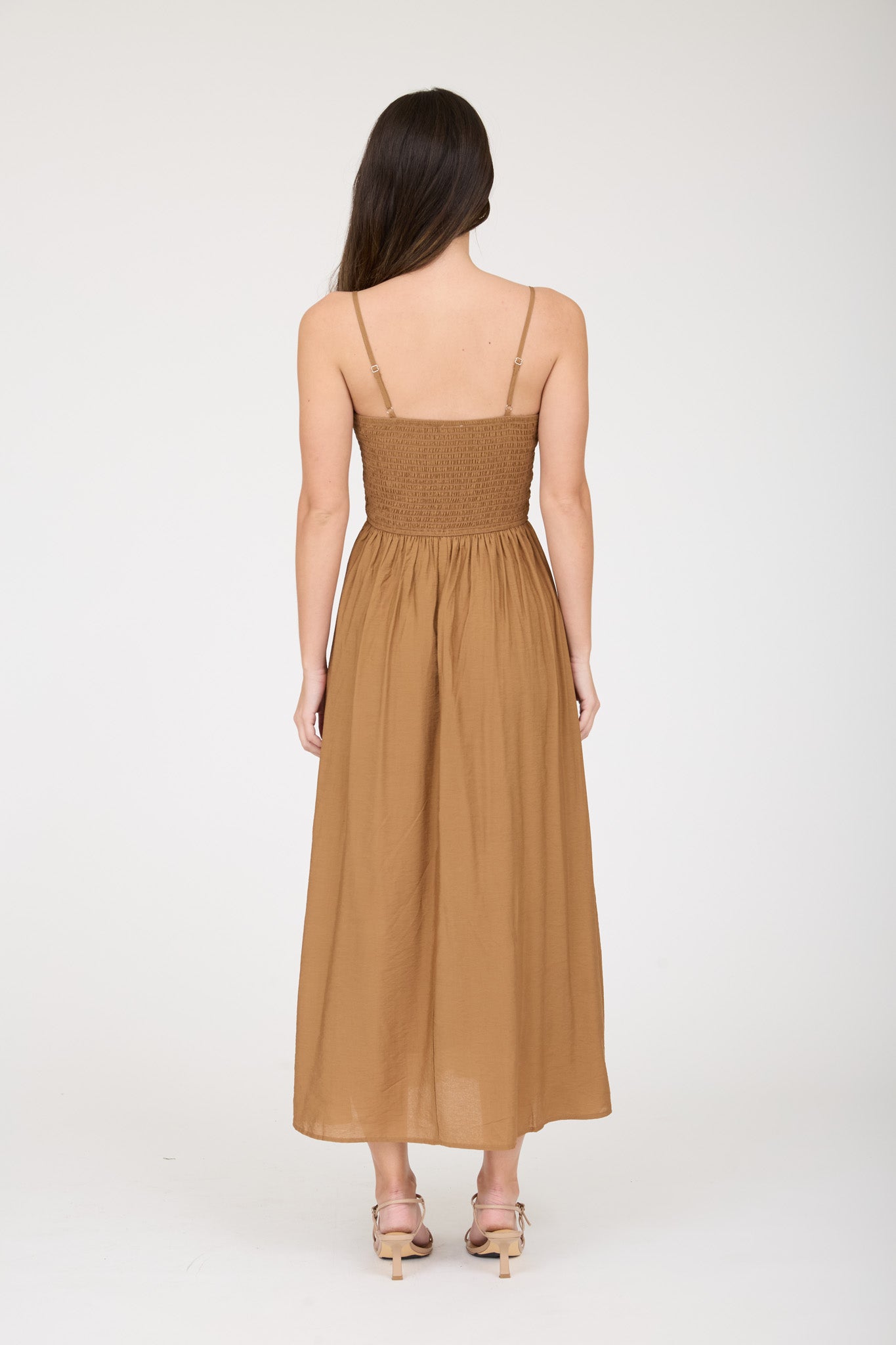 SMOCKED BASQUE WAIST SPAGHETTI STRAP MIDI DRESS (PRE-ORDER)