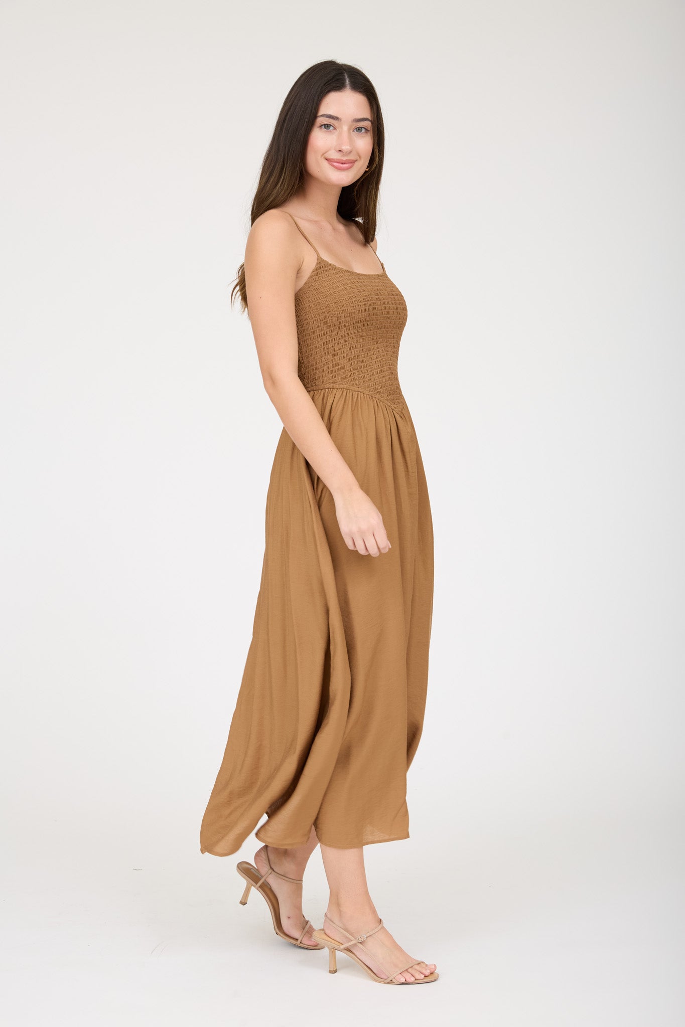 SMOCKED BASQUE WAIST SPAGHETTI STRAP MIDI DRESS (PRE-ORDER)