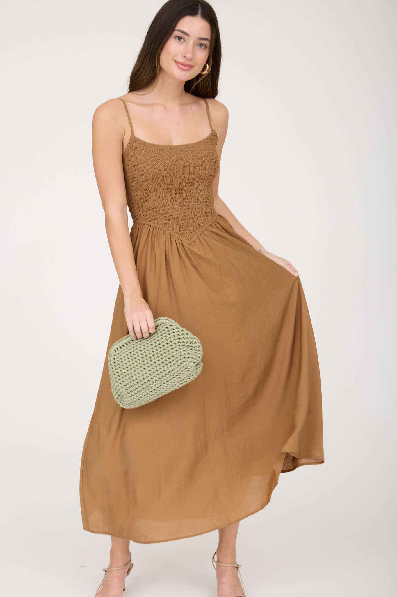 SMOCKED BASQUE WAIST SPAGHETTI STRAP MIDI DRESS (PRE-ORDER)