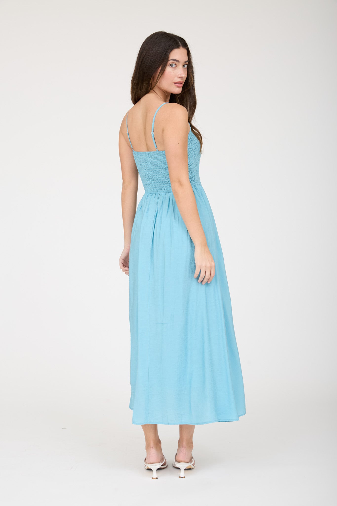 SMOCKED BASQUE WAIST SPAGHETTI STRAP MIDI DRESS (PRE-ORDER)