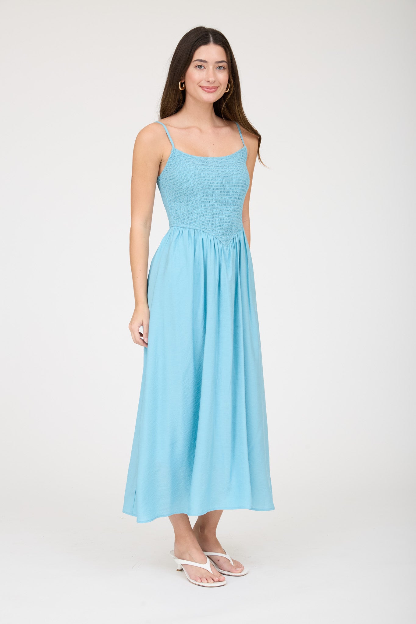SMOCKED BASQUE WAIST SPAGHETTI STRAP MIDI DRESS (PRE-ORDER)