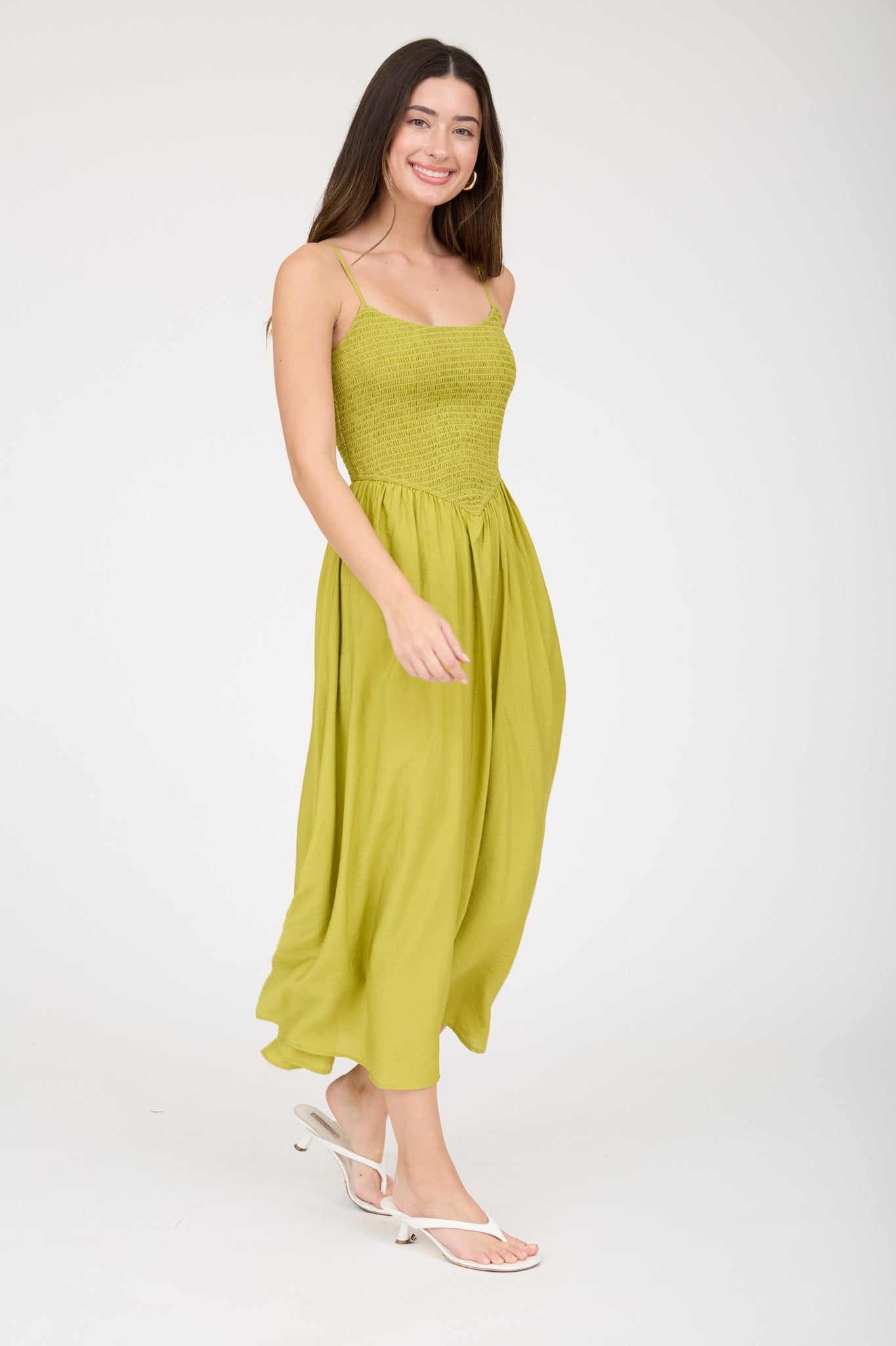 SMOCKED BASQUE WAIST SPAGHETTI STRAP MIDI DRESS (PRE-ORDER)