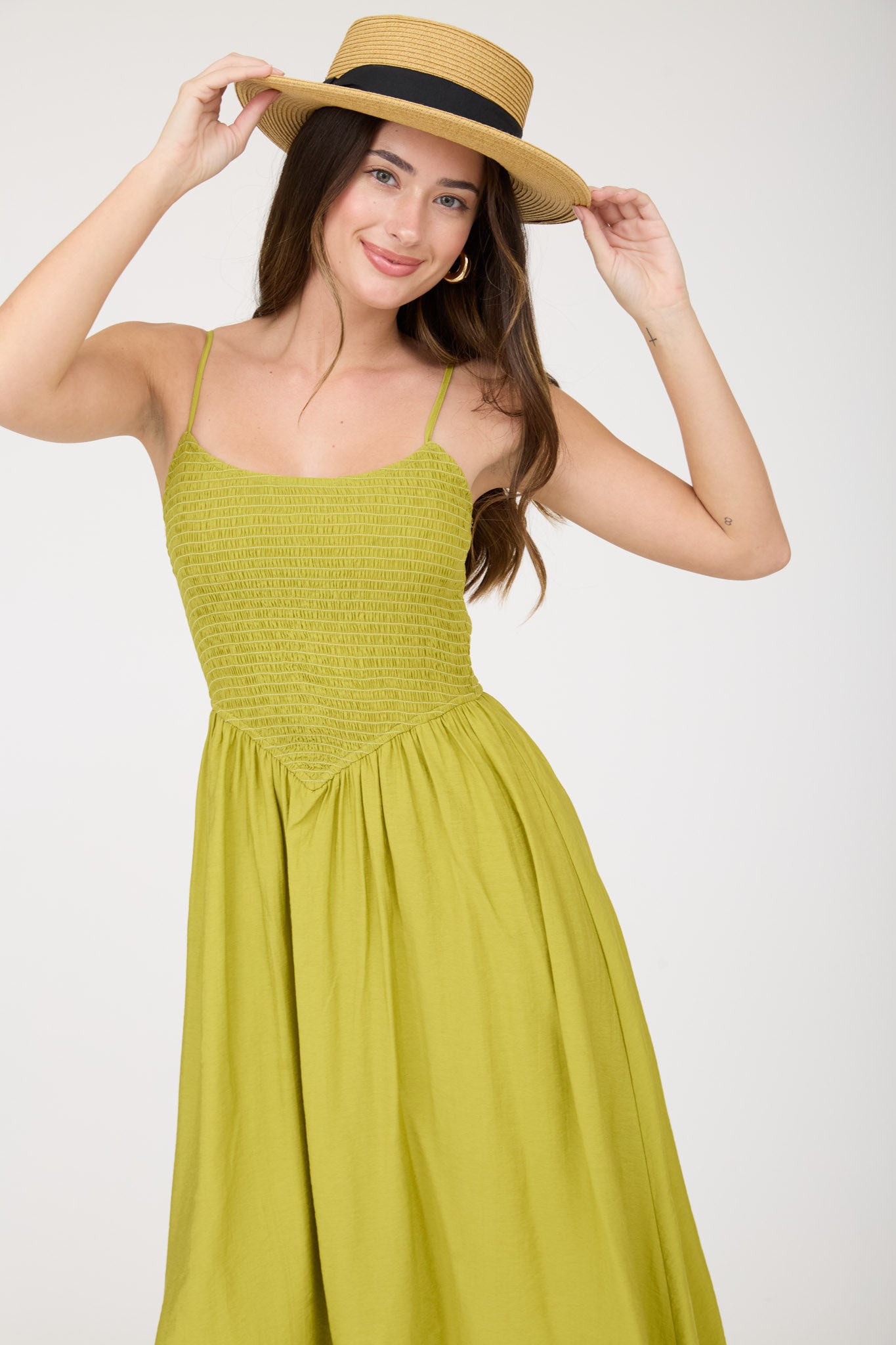 SMOCKED BASQUE WAIST SPAGHETTI STRAP MIDI DRESS (PRE-ORDER)