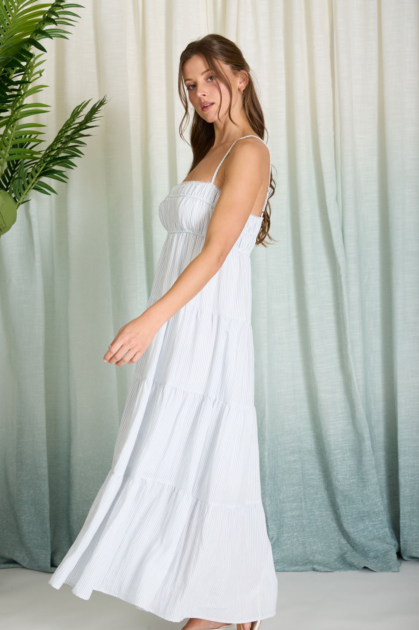 STRIPE SHIRRED EMPIRE WAIST TIERED MIDI DRESS