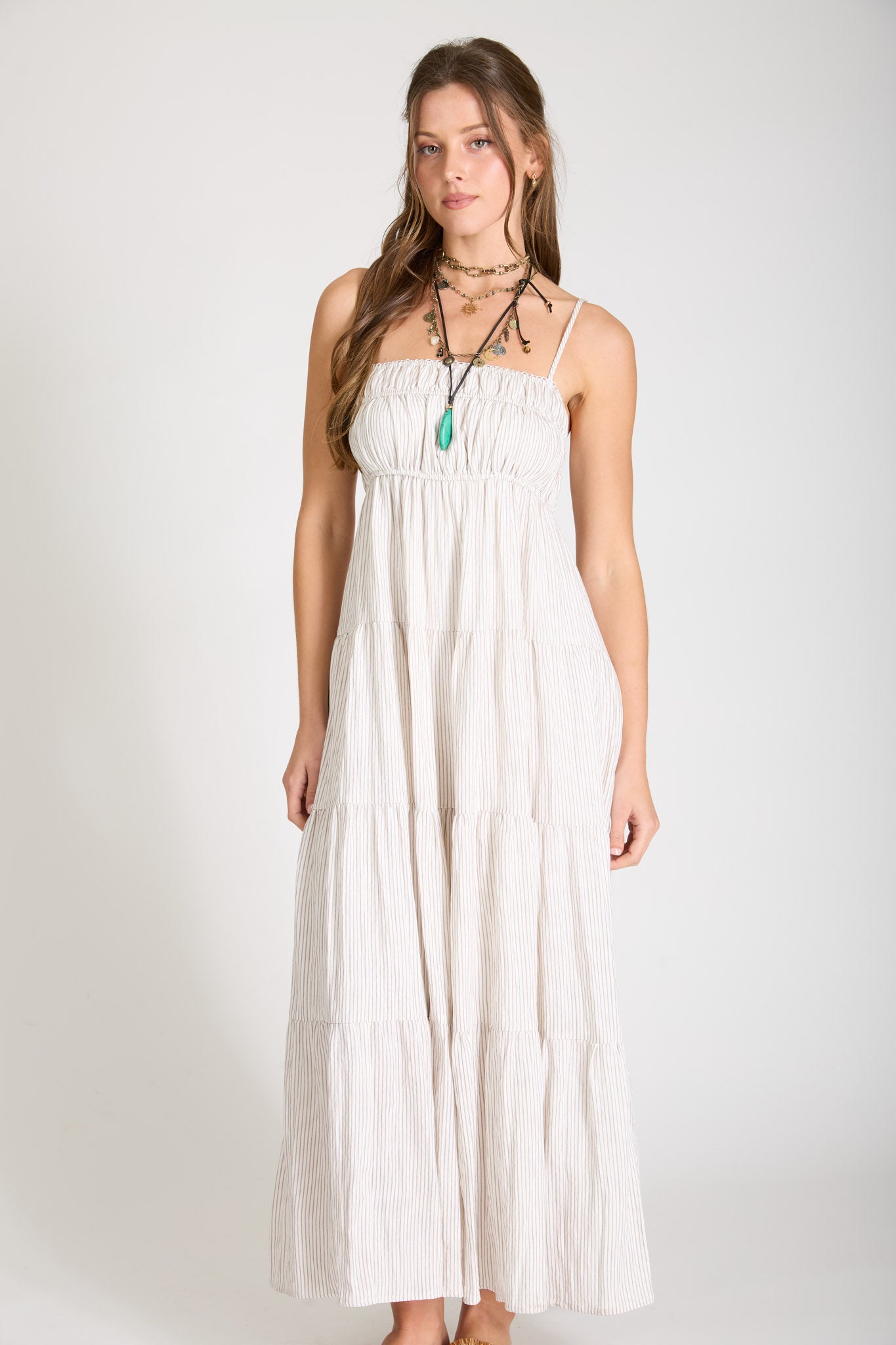 STRIPE SHIRRED EMPIRE WAIST TIERED MIDI DRESS