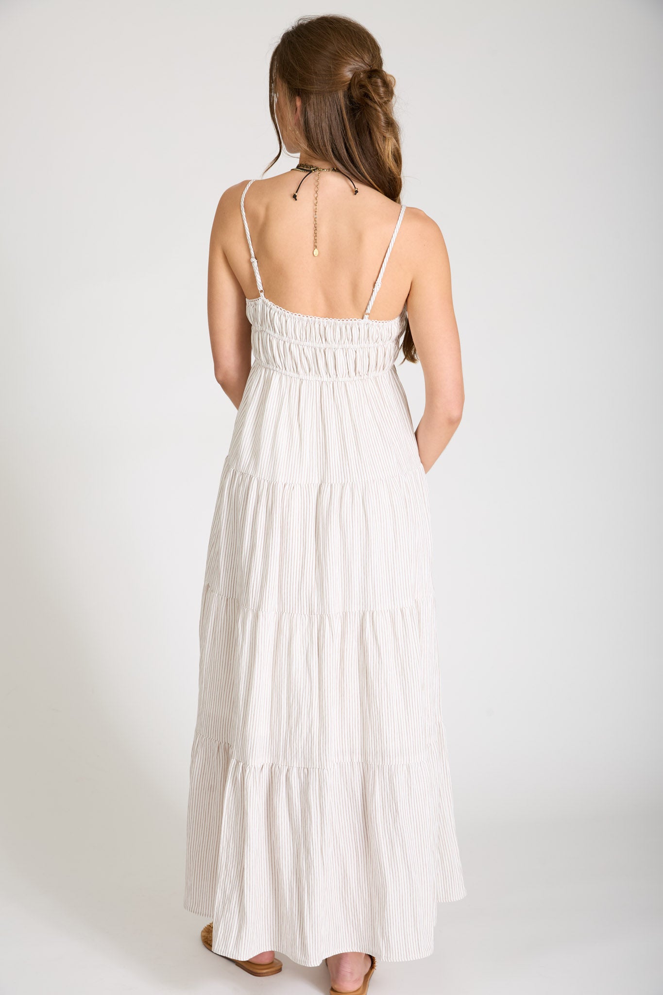 STRIPE SHIRRED EMPIRE WAIST TIERED MIDI DRESS